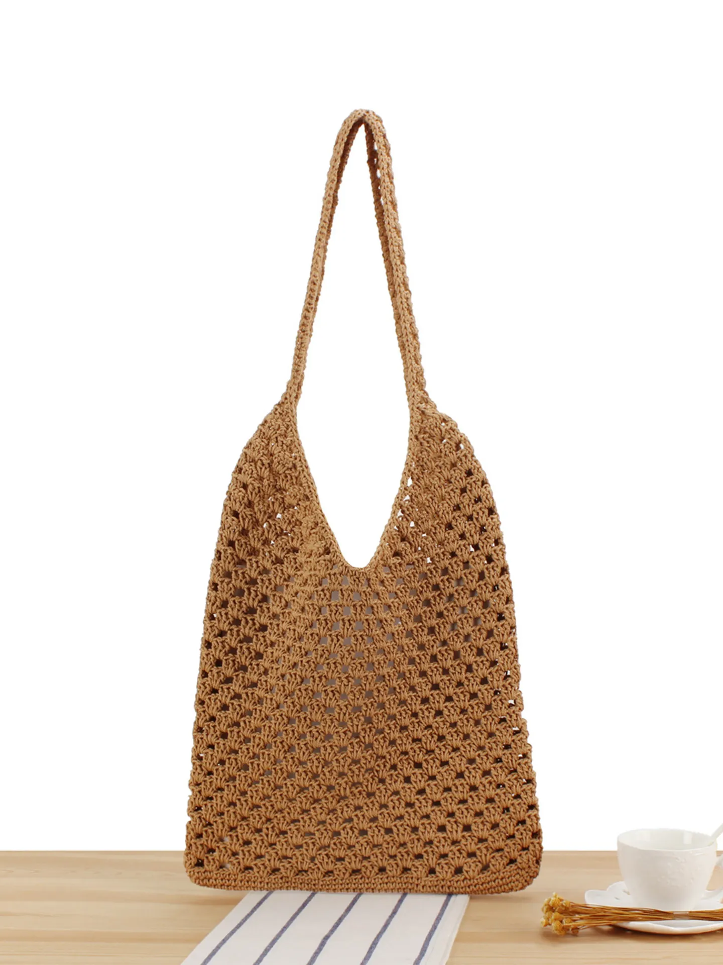 Sac Cabas Au Crochet En Corde De Coton Tissé Évidé Sac À Épaule En Filet Pour Femmes Vacances À La Plage Été Décontracté