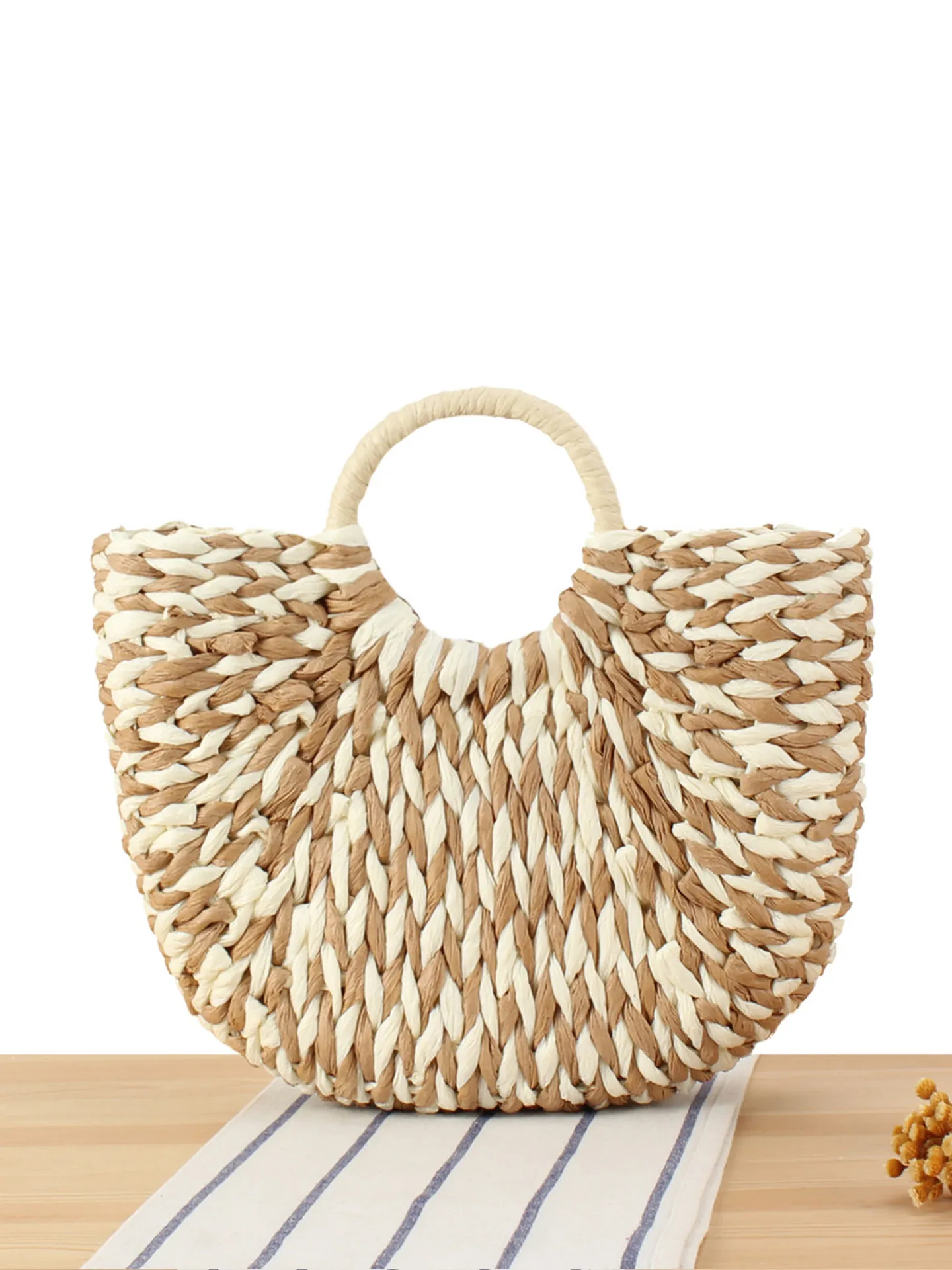 Handmade Woven Handbag Paper Rope Straw Tote Round Handle Semi Circle Beach Vacation Summer Fashion For Women