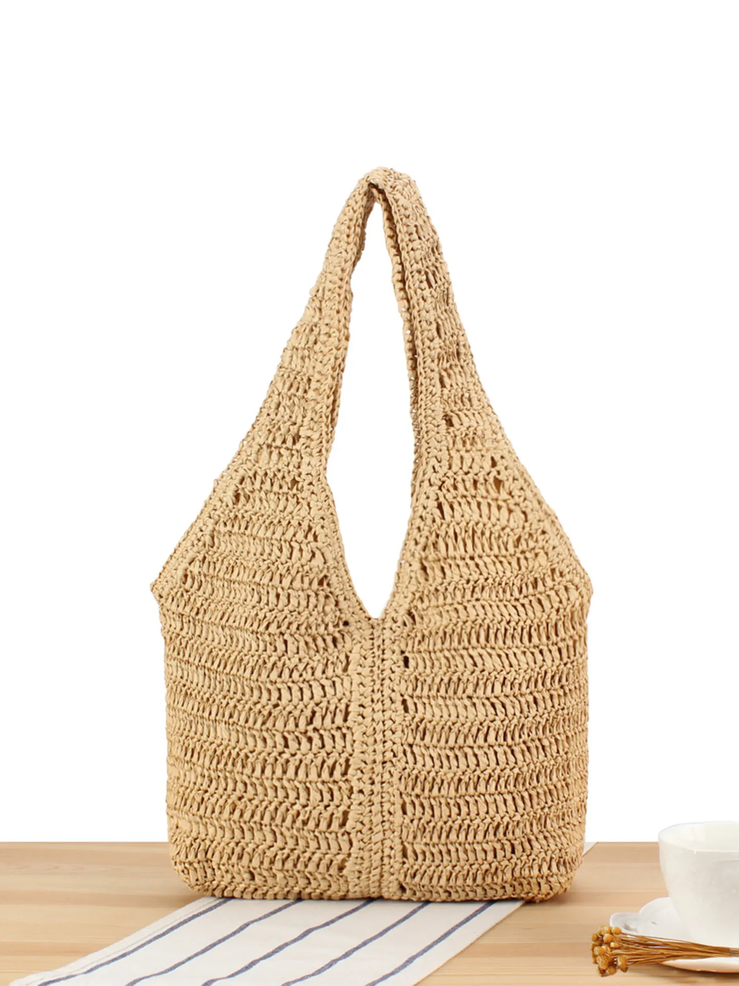 Sac À Épaule Tissé Femme Corde Papier Grande Capacité Ajouré Minimaliste Plage Vacances Voyage Sac Fourre-Tout