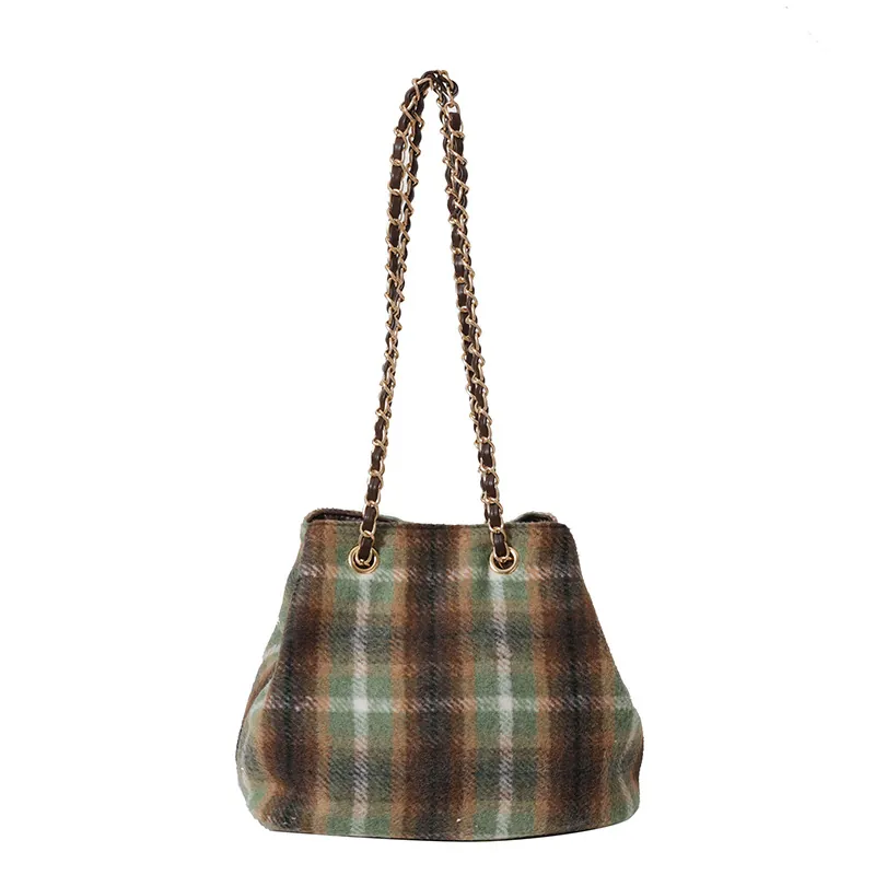 Sac Seau en Laine à Carreaux Vintage pour Femme Sac à Bandoulière Tendance Bloc de Couleur Avec Bandoulière en Chaîne Métallique