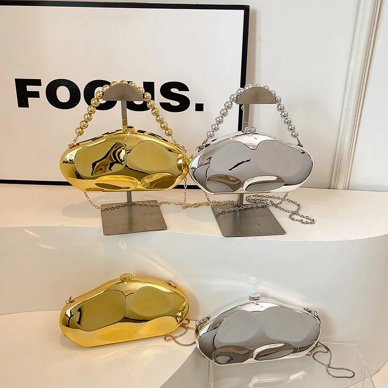 Irregular Pebble Shape Evening Bag Acrylic Mirror Metallic Finish Party Clutch Chain Strap Beaded Handle