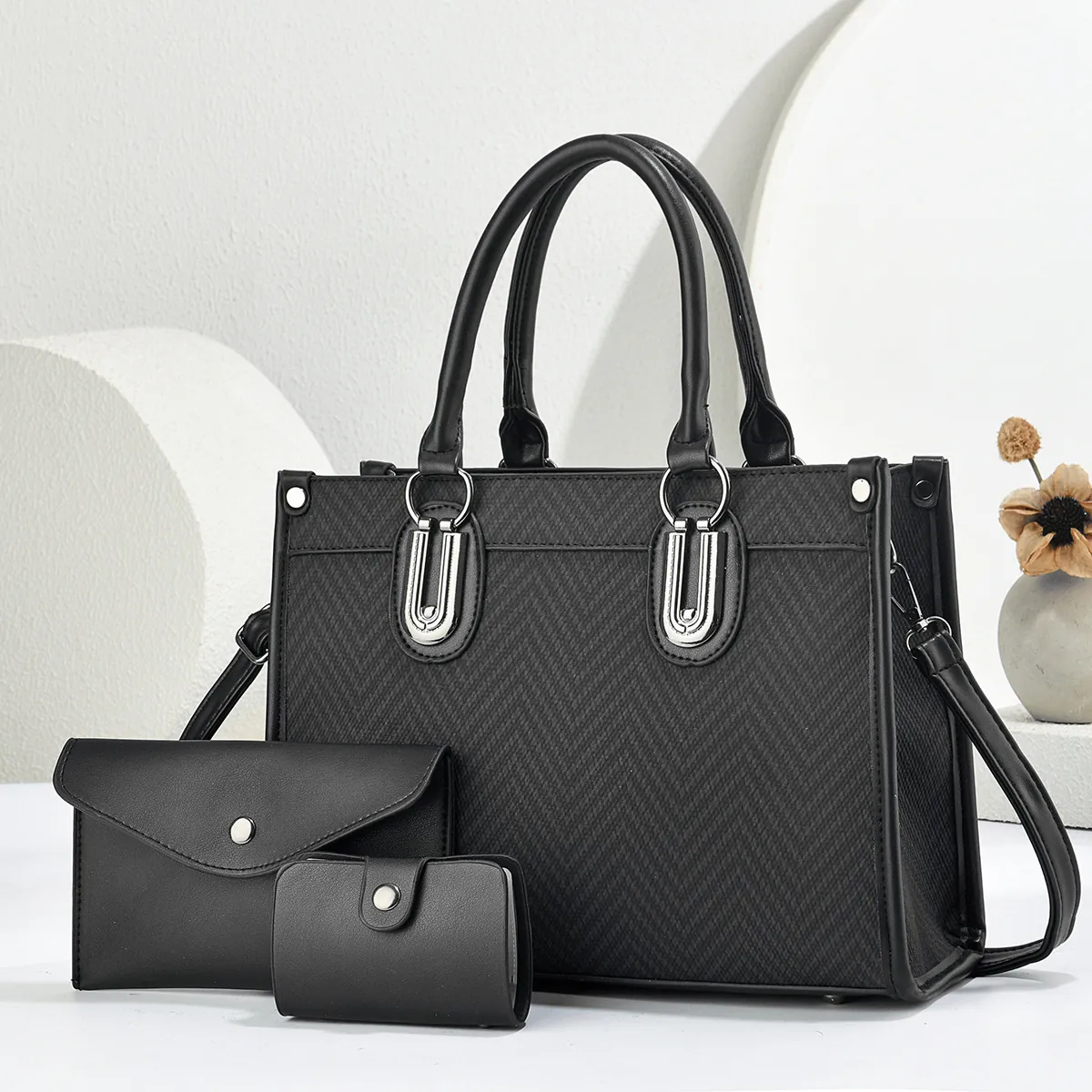 Damen PU Leder Fischgrätenmuster Handtasche Und Umhängetasche Und Geldbörse Kombi Große Tote Tasche Für Pendler Büro Stil