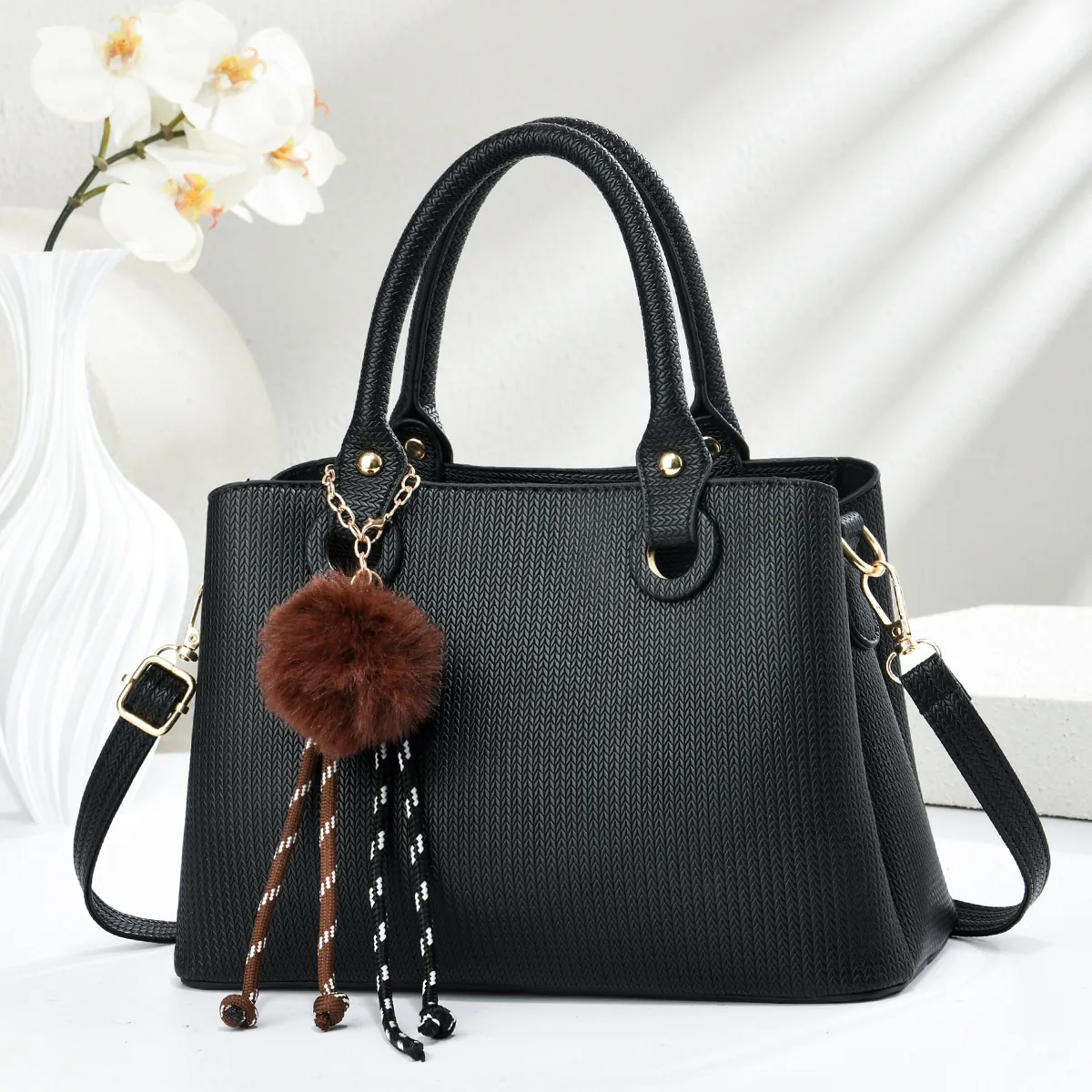 Retro Women Handbag Large Capacity PU Leather Chevron Embossed Top Handle Shoulder Bag With Pom Pom Charm For Commuting