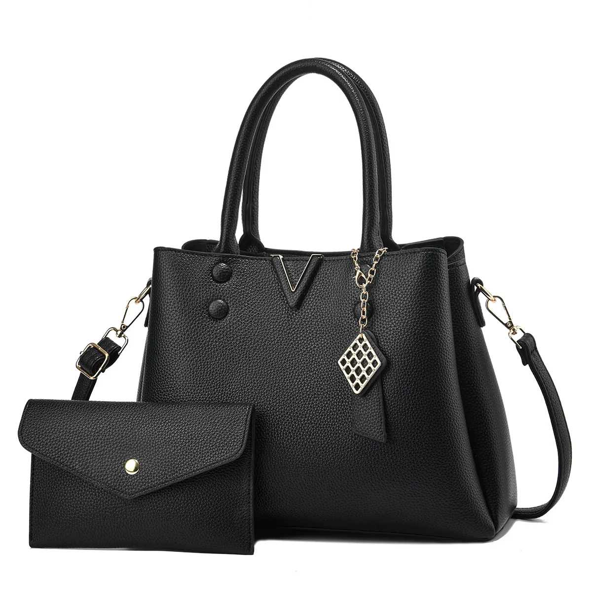 Sac À Main Et Pochette Enveloppe Pour Femmes Cuir PU Grainé Grande Capacité V Métal Doré Sac À Épaule