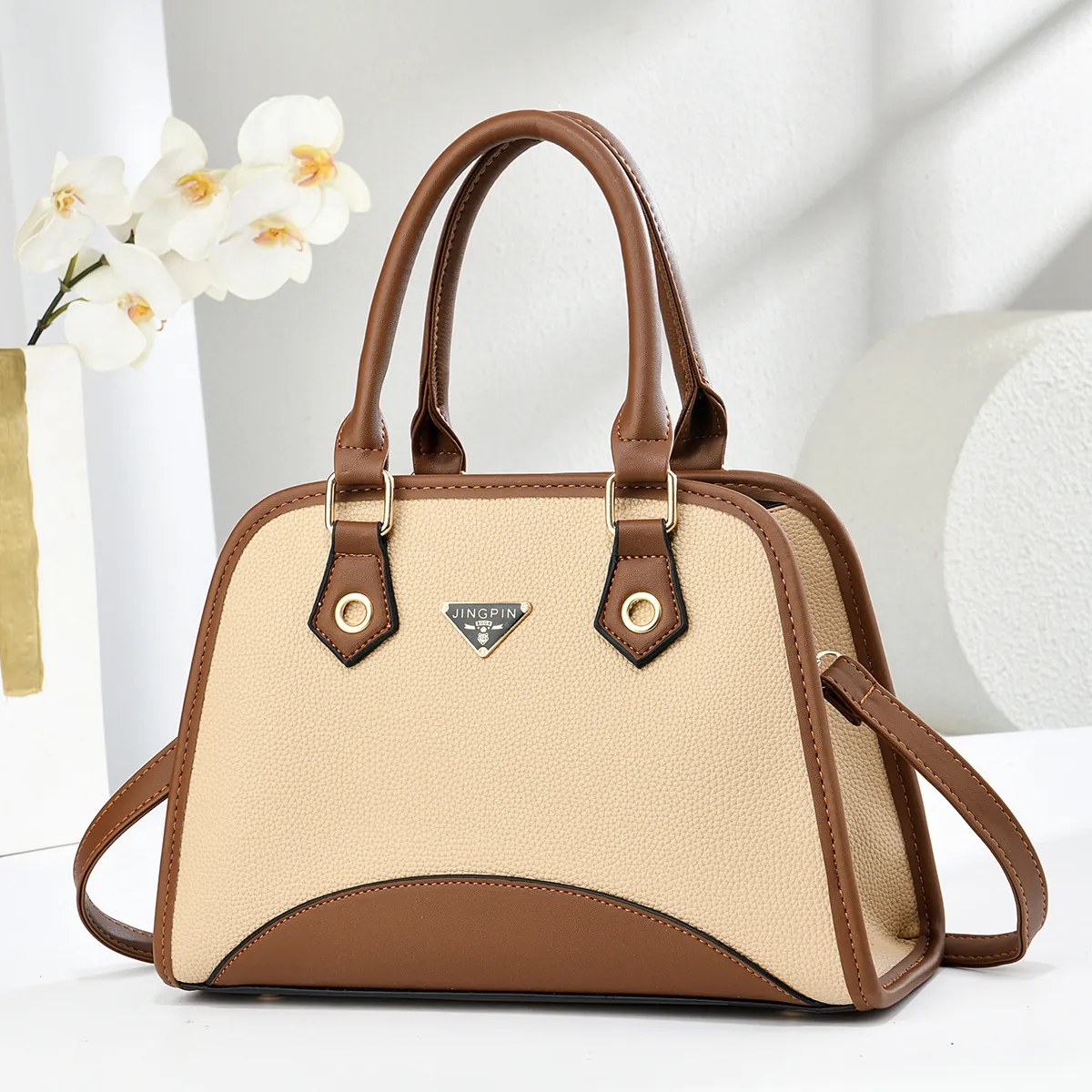 Sac À Main Femme Élégant En Cuir PU Motif Lychee Couleur Contrastée Poignée Supérieure Épaule Bandoulière Forme Coquille