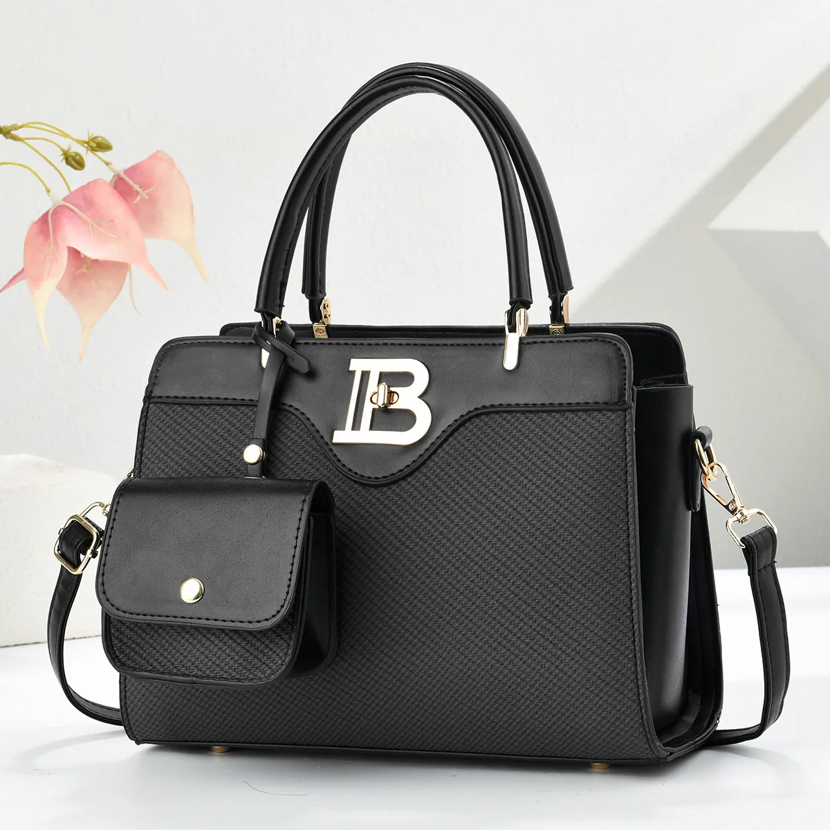 Bolso de Mano de Moda para Mujer de Cuero PU Tweed Patchwork Juego de 2 Piezas Con Mini Bolsa Logo B de Metal Bolso Bandolera