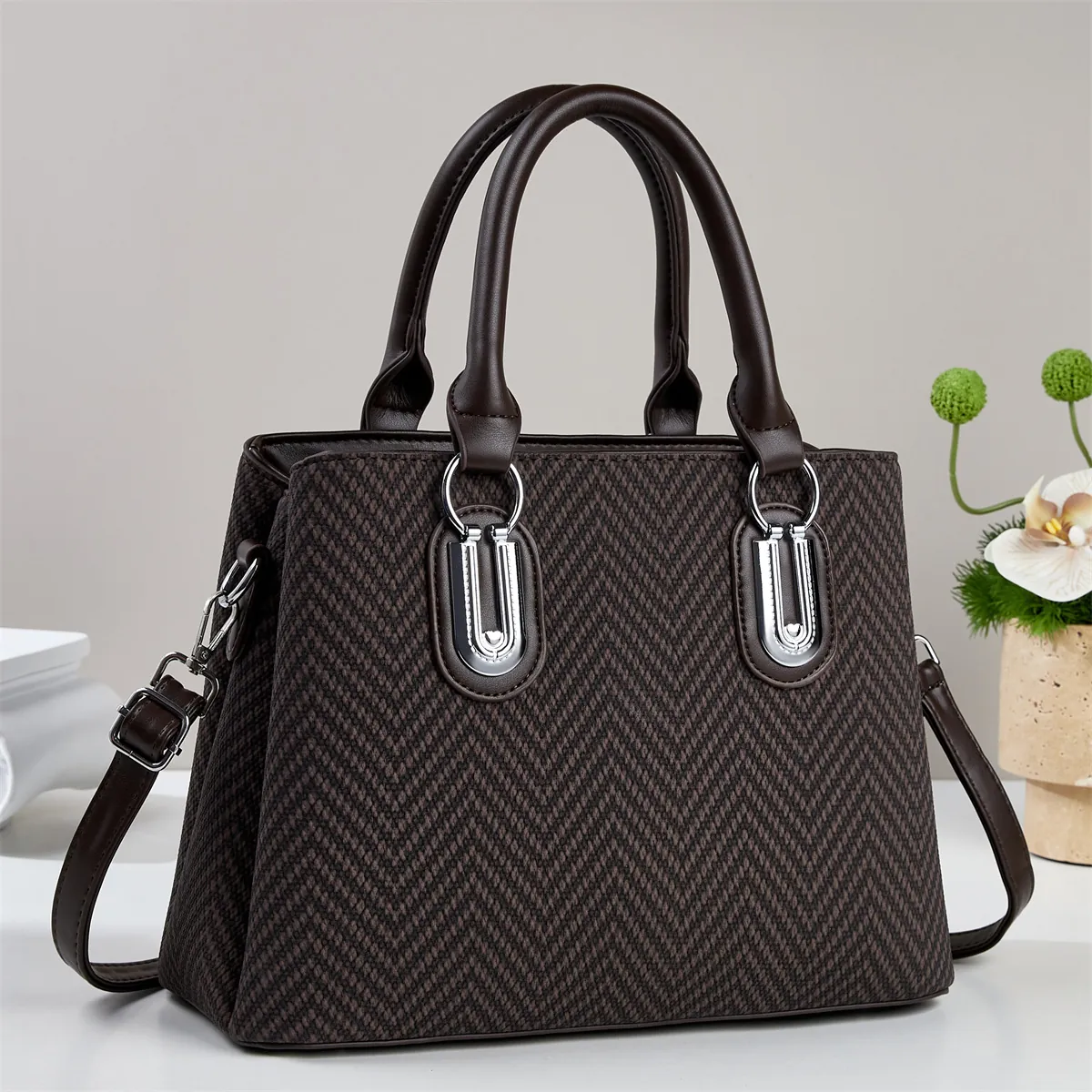 Vintage Herringbone PU Leather Handbag For Women Elegant Tote Shoulder Crossbody Bag Adjustable Strap Silver Hardware