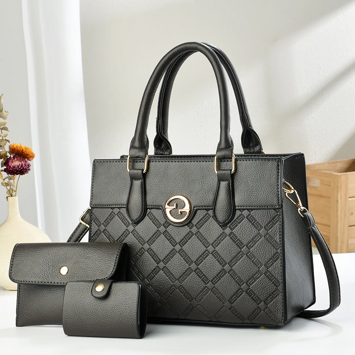Borsa a Mano da Donna in Pelle PU con Texture Litchi e Motivo a Rombi E Pochette Crossbody E Porta Carte Hardware Dorato Elegante Borsa a Spalla