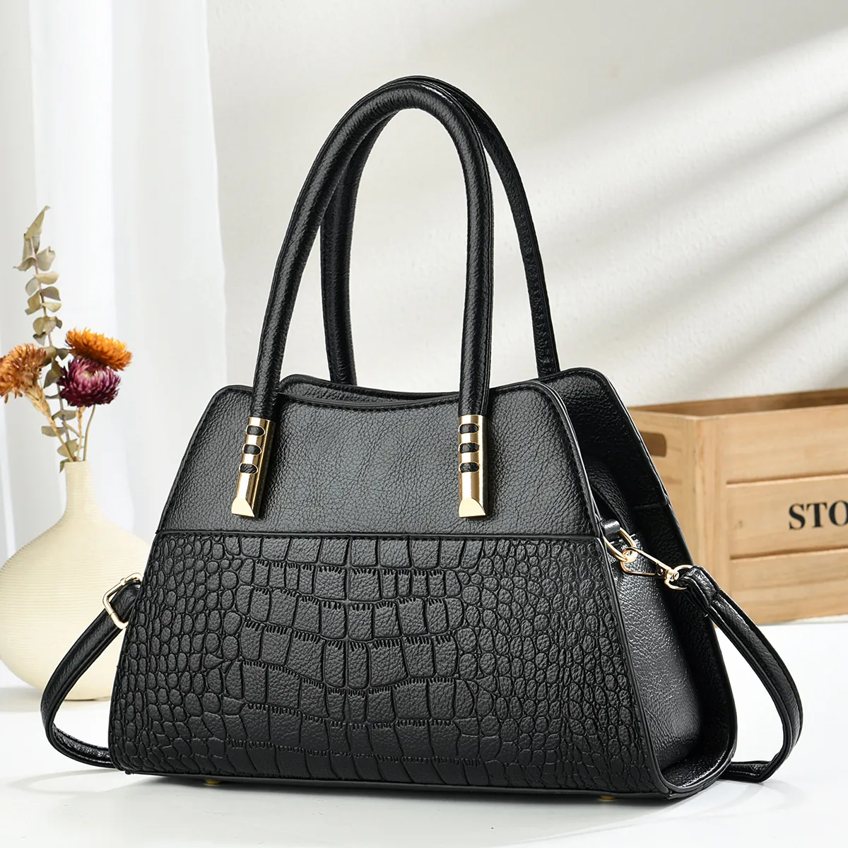 Women Handbag PU Leather Crocodile Pattern Top Handle Crossbody Shoulder Bag Shell Shape Fashion Zip Closure