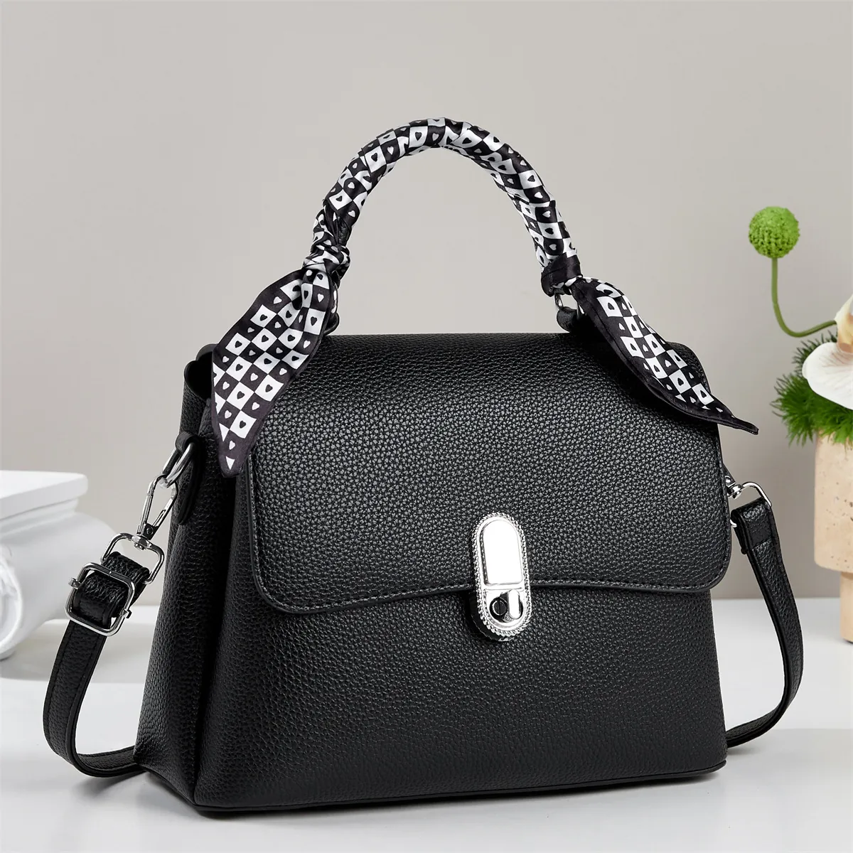 Women Lychee Grain PU Leather Shoulder Bag With Silk Scarf Handle Elegant Small Square Crossbody Handbag For Daily Use