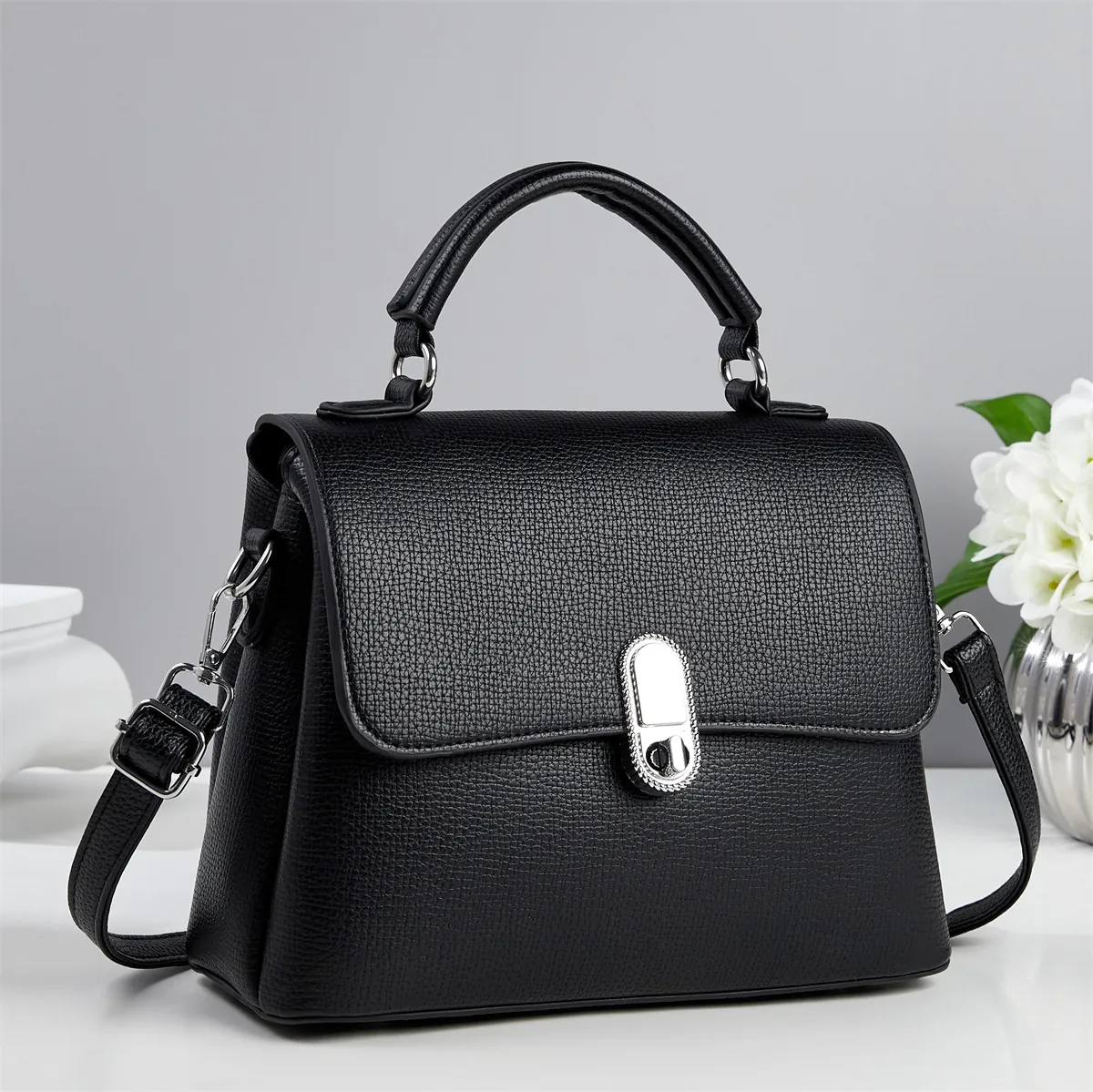 Women Minimalist Pebbled Leather Shoulder Bag Top Handle Silver Lock Flap Square Handbag Adjustable Strap Crossbody Purse
