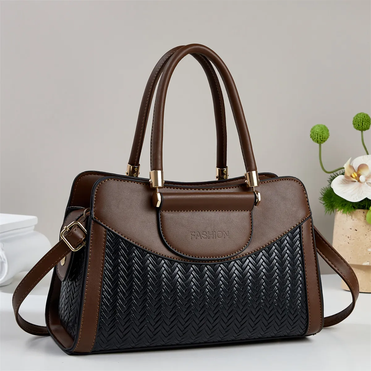 Women Handbag PU Leather Woven Texture Patchwork Shoulder Crossbody Bag Large Capacity Elegant Commuter Top Handle Purse