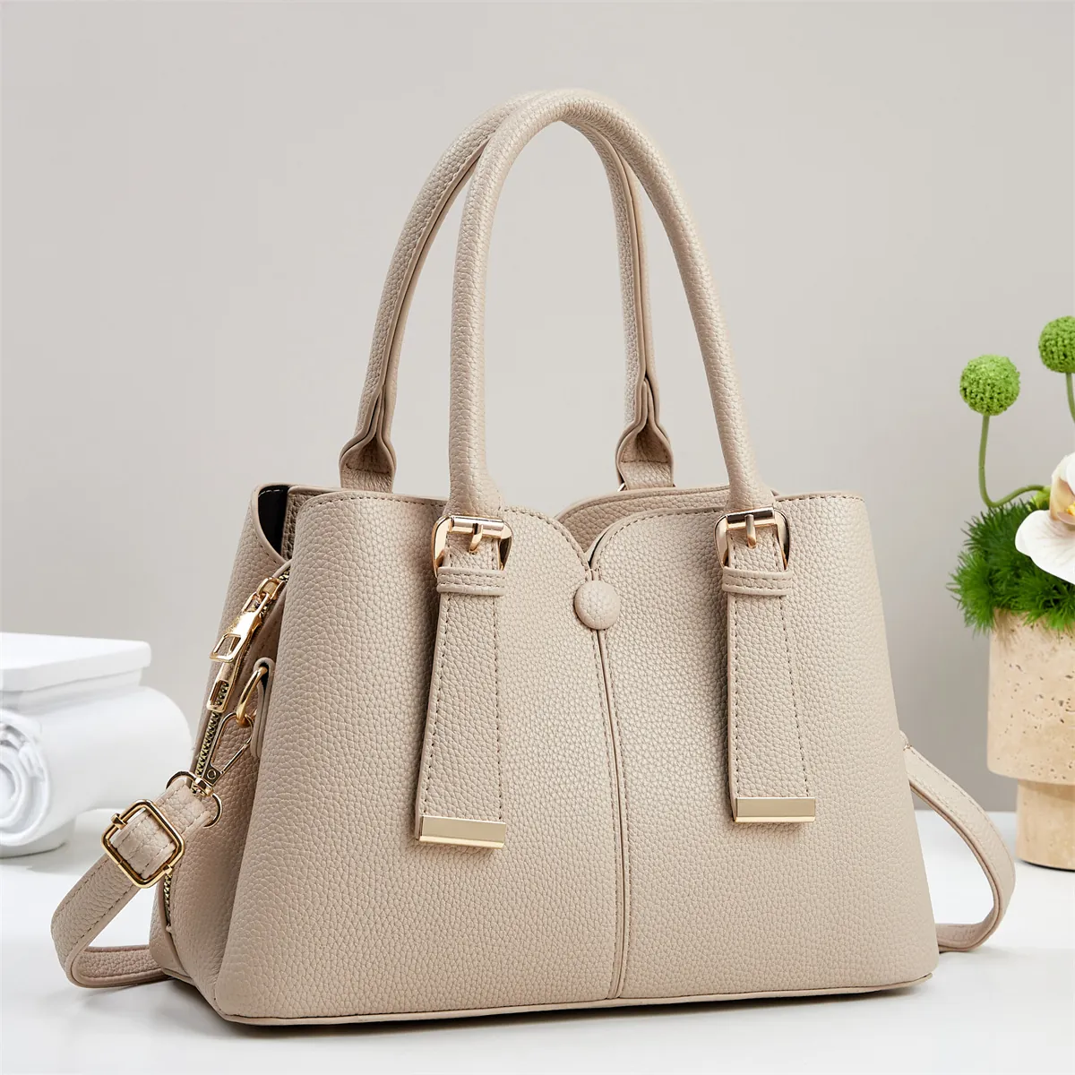 Women Handbag Litchi Grain PU Leather Top Handle Gold Hardware Commute Shoulder Bag Large Capacity Simple Chic