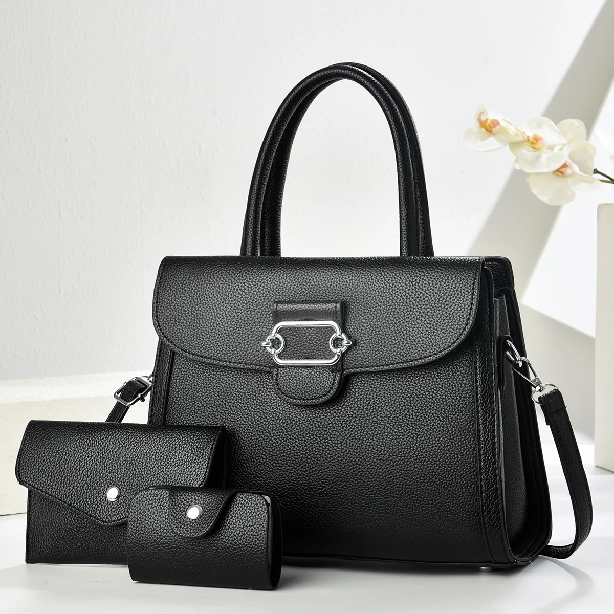 Women PU Leather Handbag With Wallet And Card Holder Set Lychee Pattern Shoulder Crossbody Bag European Vintage Style Satchel