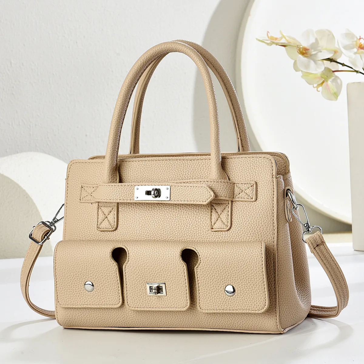 Lychee Pattern PU Leather Women Handbag Large Capacity Multi Pocket Shoulder Bag With Detachable Strap Chic Commuter Tote