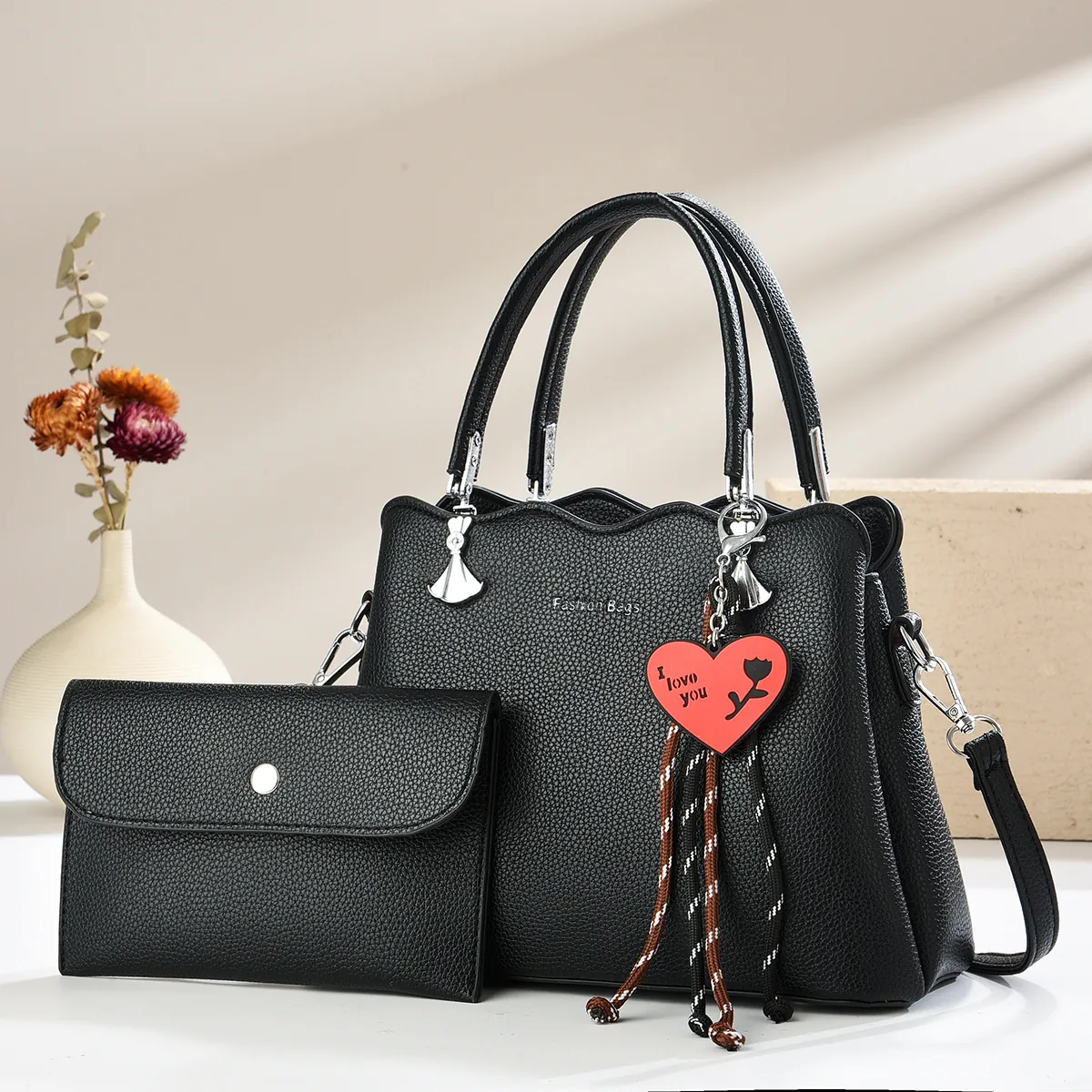 Women Lychee Grain PU Leather Handbag Wallet Set Scalloped Edge Tote Bag With Heart Pendant Fashion Shoulder Bag For Daily