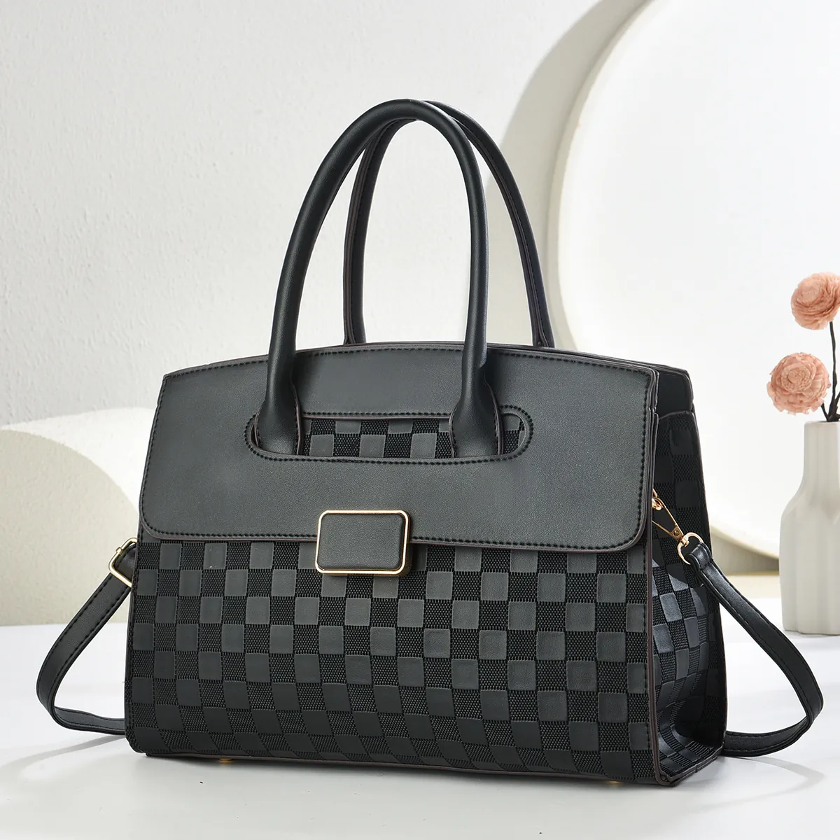 Borsa A Mano Elegante In Pelle PU Con Motivo A Scacchi Per Donna Borsa Tote Grande Capacità Con Tracolla Rimovibile Chic