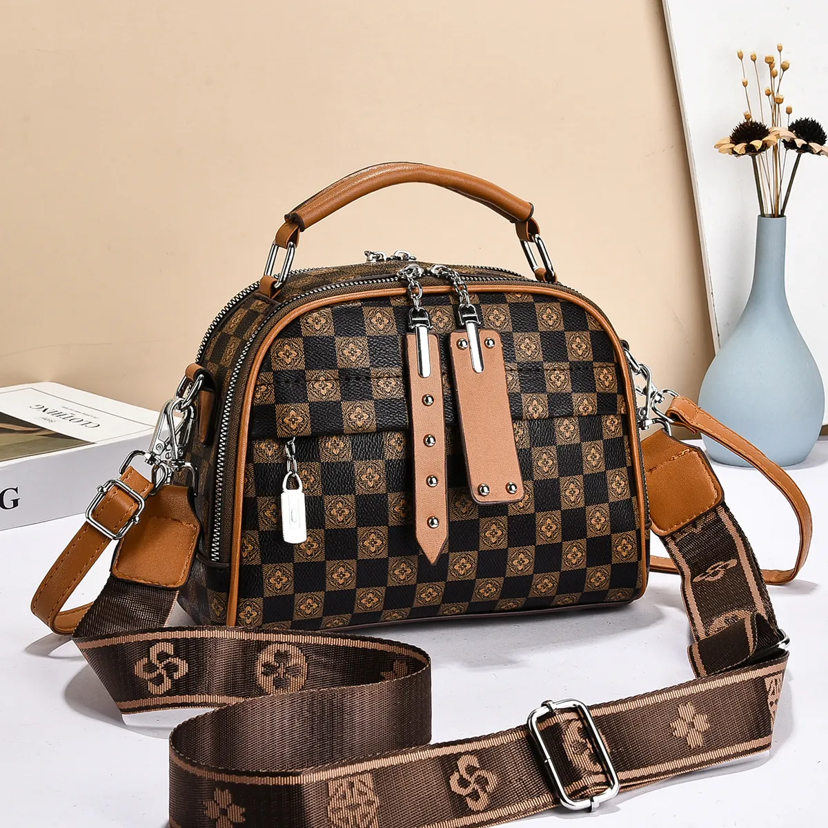 Women Retro Checkerboard Clover Pattern Boston Bag PU Leather Shoulder Crossbody Handbag Wide Fabric Strap Large Capacity