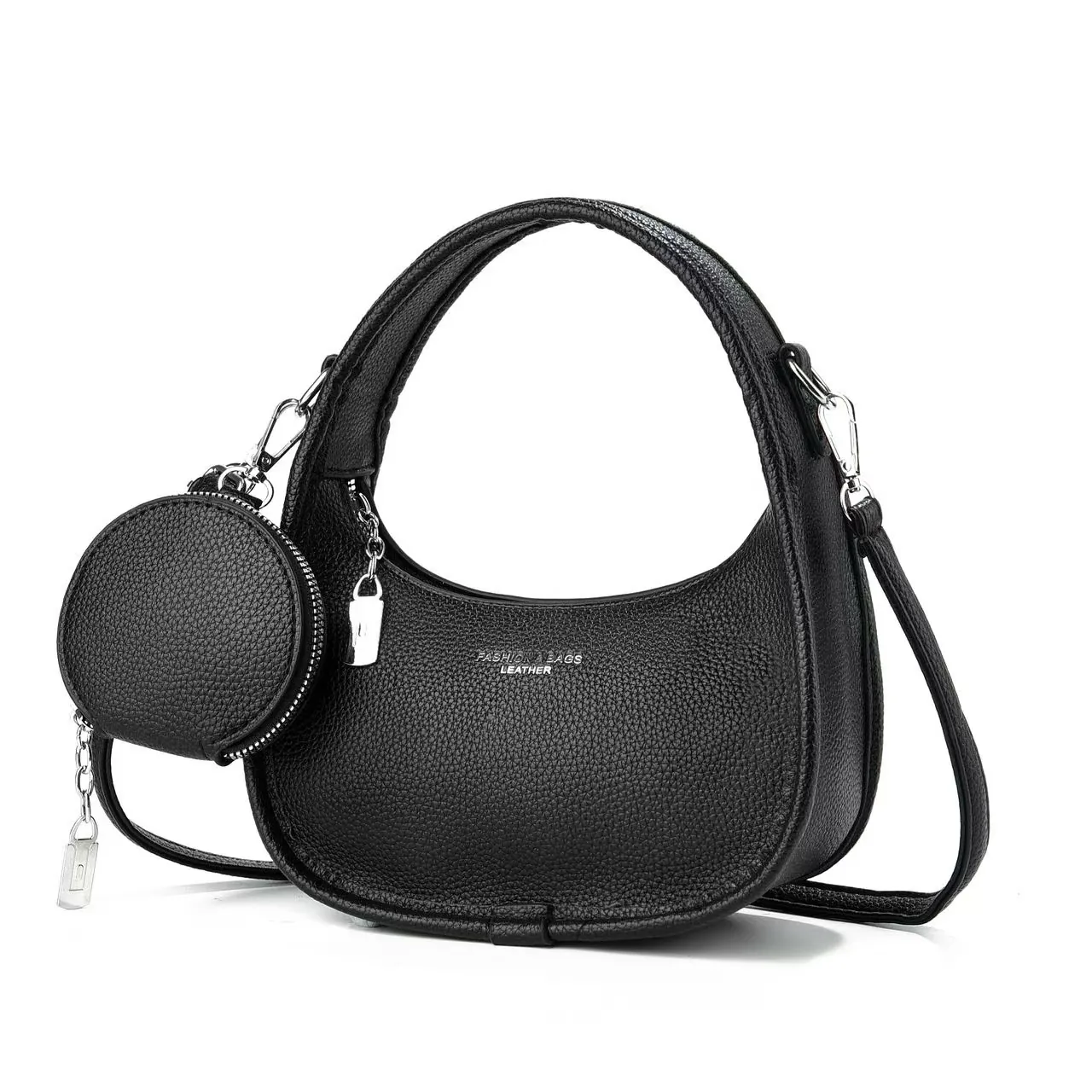 Women Fashion PU Leather Crescent Hobo Bag With Small Coin Purse Litchi Grain Shoulder Crossbody Handbag For Daily Use