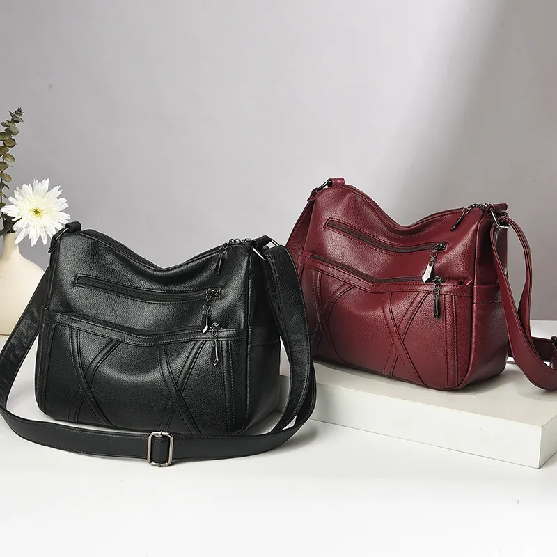 Sac À Épaule Bandoulière Pour Femmes Poches Multiples À Fermeture Éclair Grande Capacité Texture Lychee Cuir PU Rétro