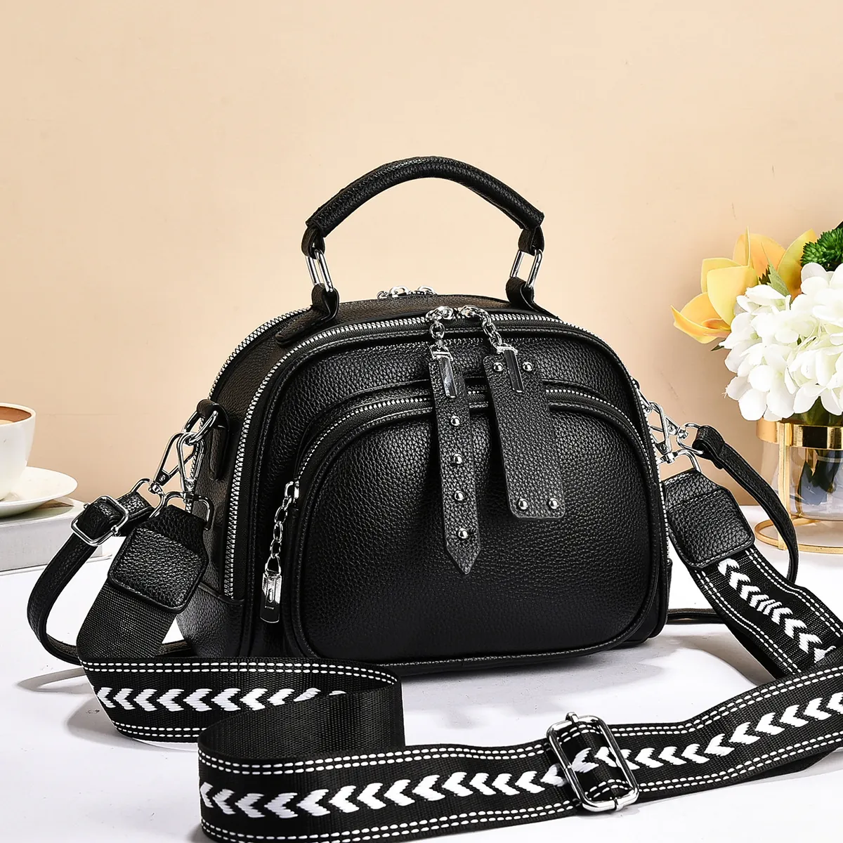 Women Litchi Grain PU Leather Shoulder Bag Multi Layer Zipper Wide Strap Versatile Retro Top Handle Crossbody Handbag