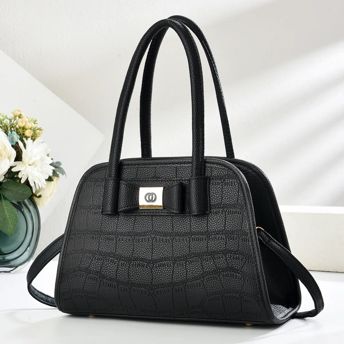 Women Crocodile Pattern PU Leather Handbag Elegant Bow Decor Large Capacity Commuter Shoulder Crossbody Bag