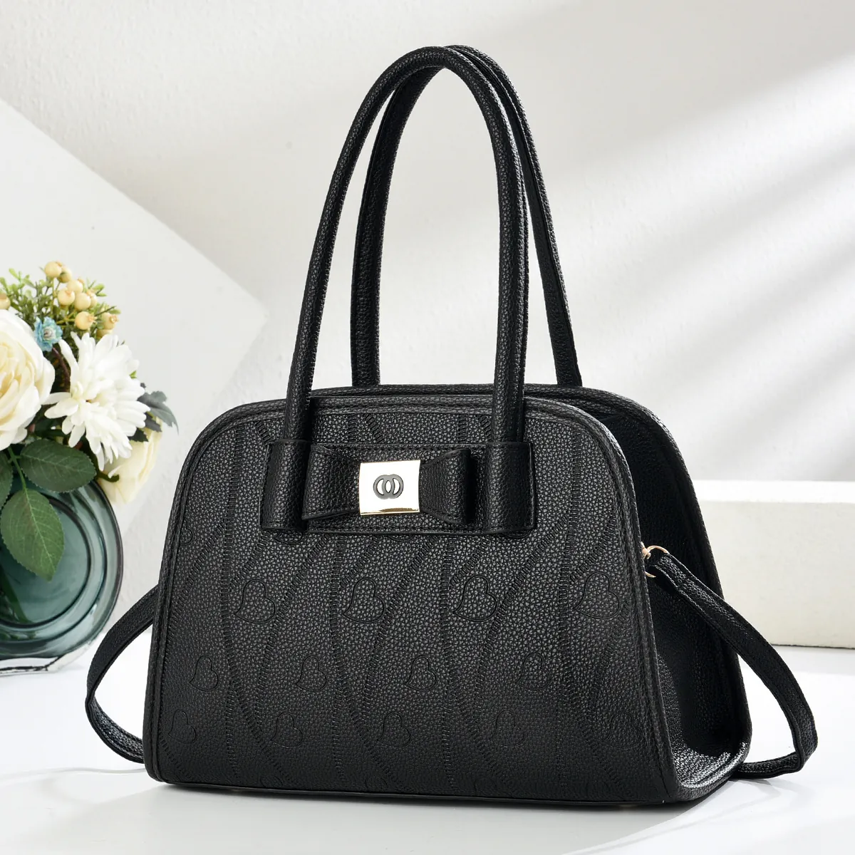 Women Handbag PU Leather Lychee Pattern Heart Embossed Bow Decor Large Capacity Crossbody Shoulder Bag Commuting Style