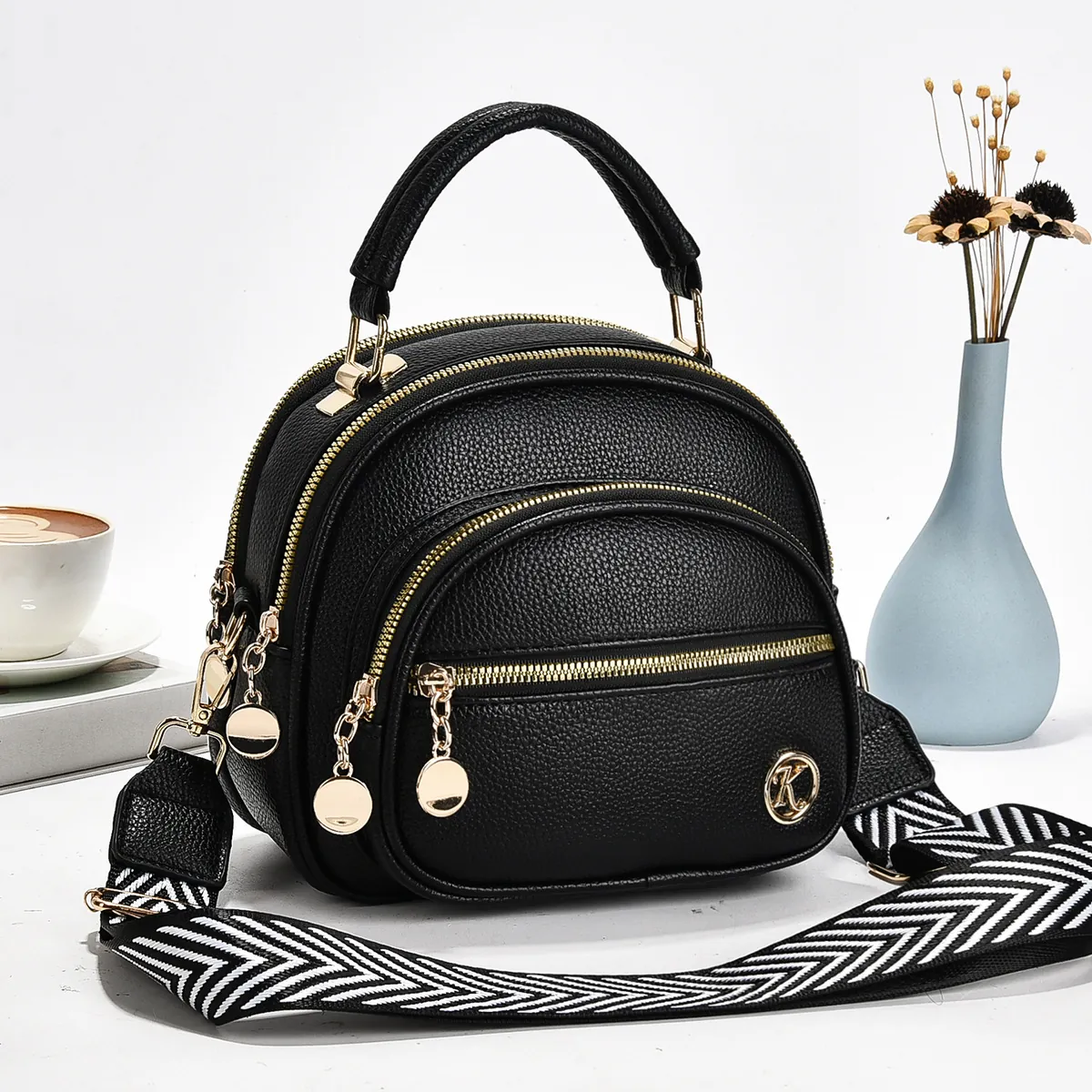 Chic Lychee Pattern PU Leather Women Crossbody Bag With Multi Zipper Compartments And Wide Woven Strap Top Handle