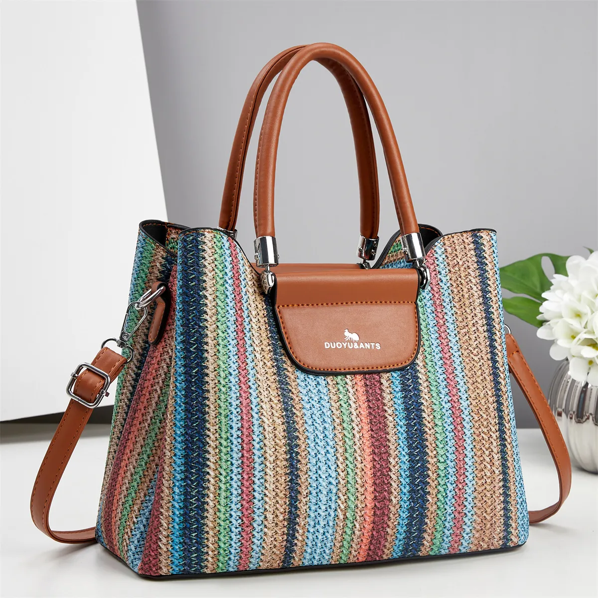 Large Capacity Tote Handbag Women Woven Knitted Stripe PU Leather Shoulder Bag With Adjustable Strap Elegant Trendy