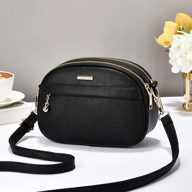 Sac Bandoulière Femme Chic Cuir PU Texture Lychee Double Fermeture Éclair Compartiments Multiples Mode Quotidienne