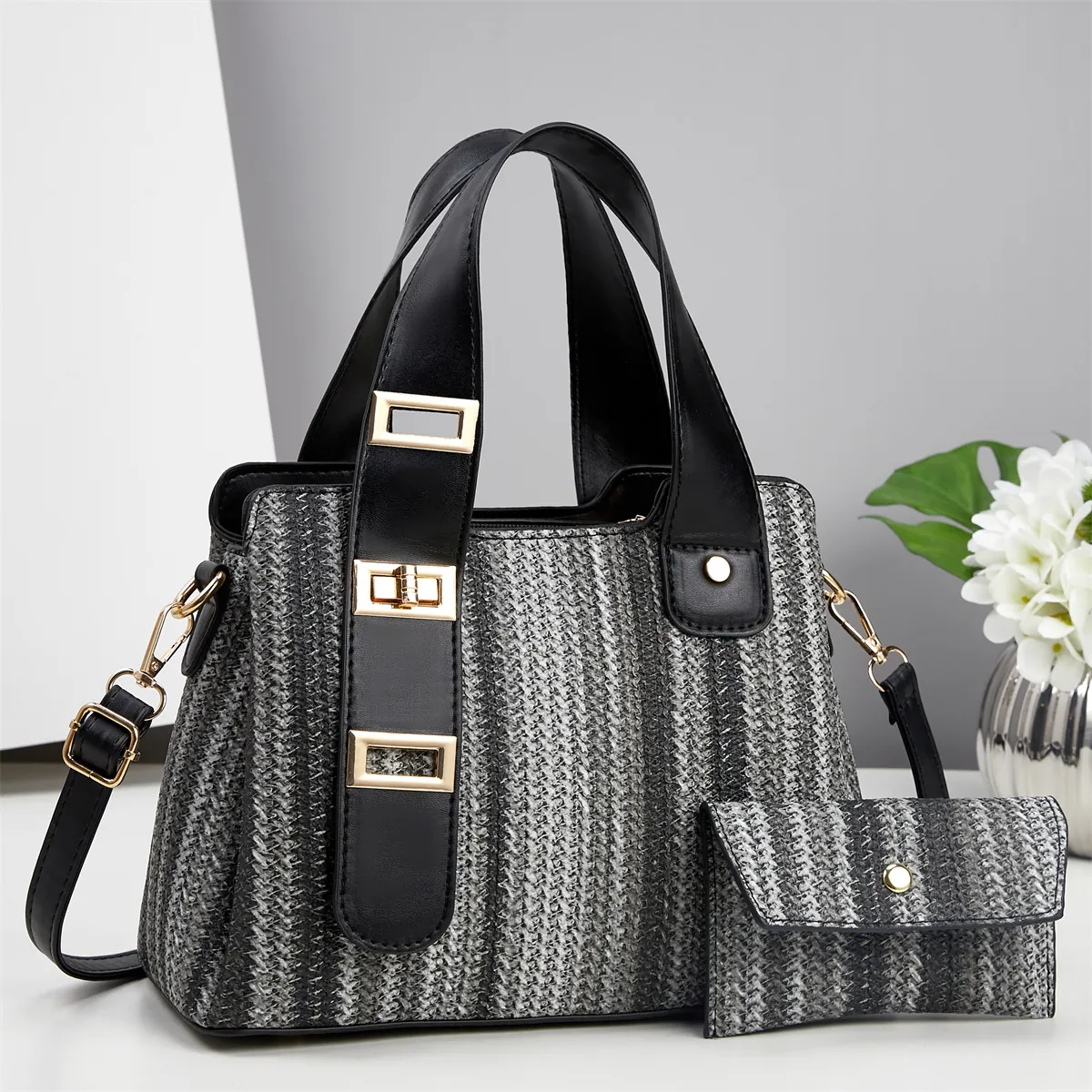 Women Woven Texture Handbag Set PU Leather Top Handle Tote Bag Crossbody Shoulder Bag Large Capacity Striped Fashion Purse