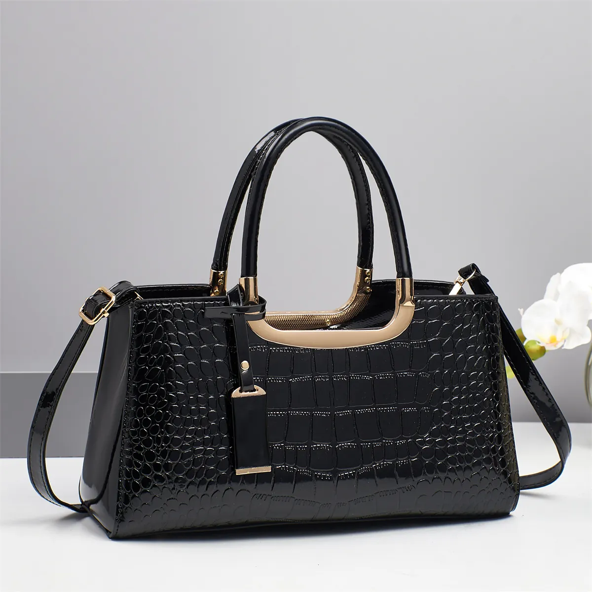 Damen Handtasche PU Leder Krokodilmuster Glänzend Schultertasche Mit Abnehmbarem Gurt Elegant Vielseitig Mode