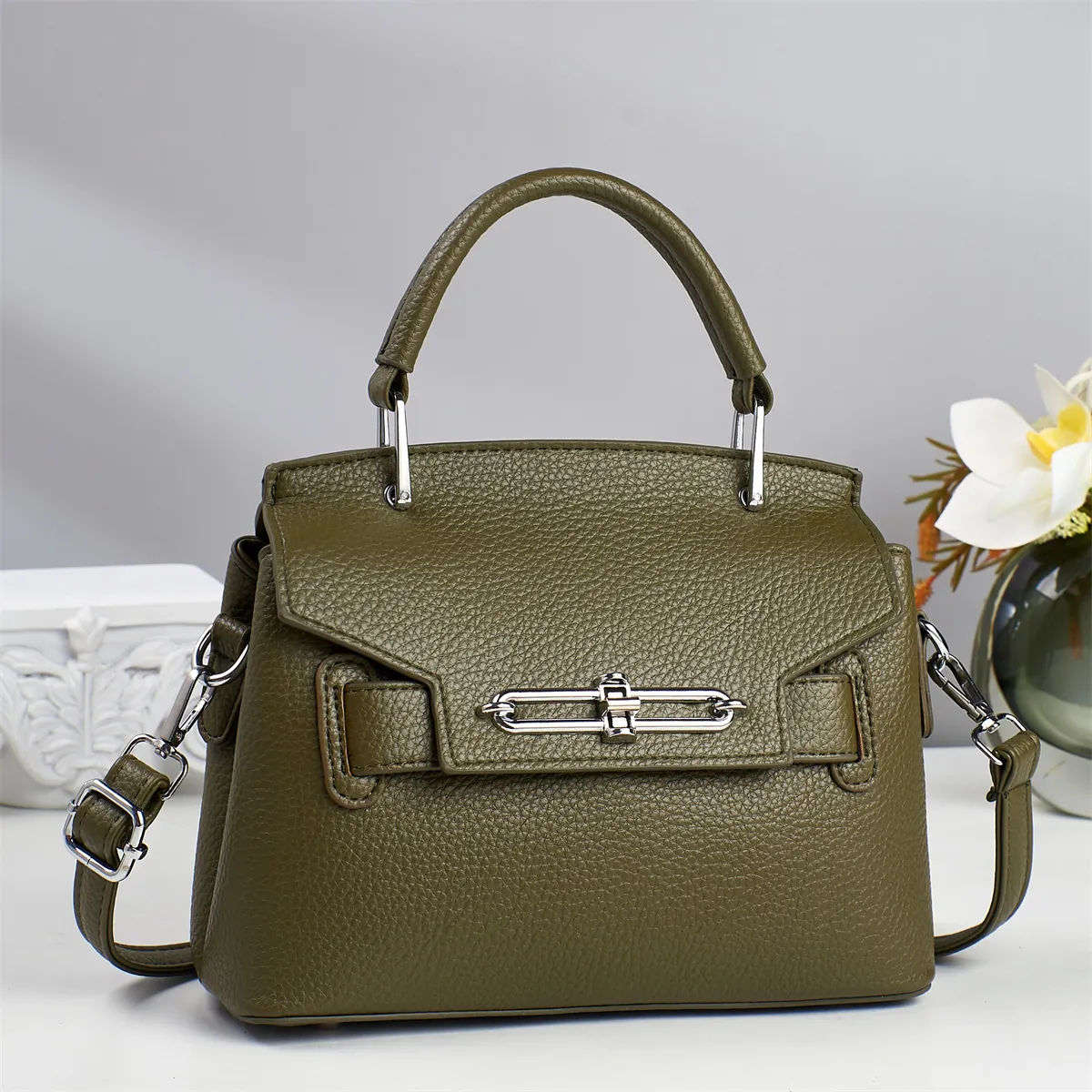 Damen Handtasche Lychee Muster PU Leder Umhängetasche Mit Einzelgriff Und Metallschloss Elegante Pendler Schultertasche
