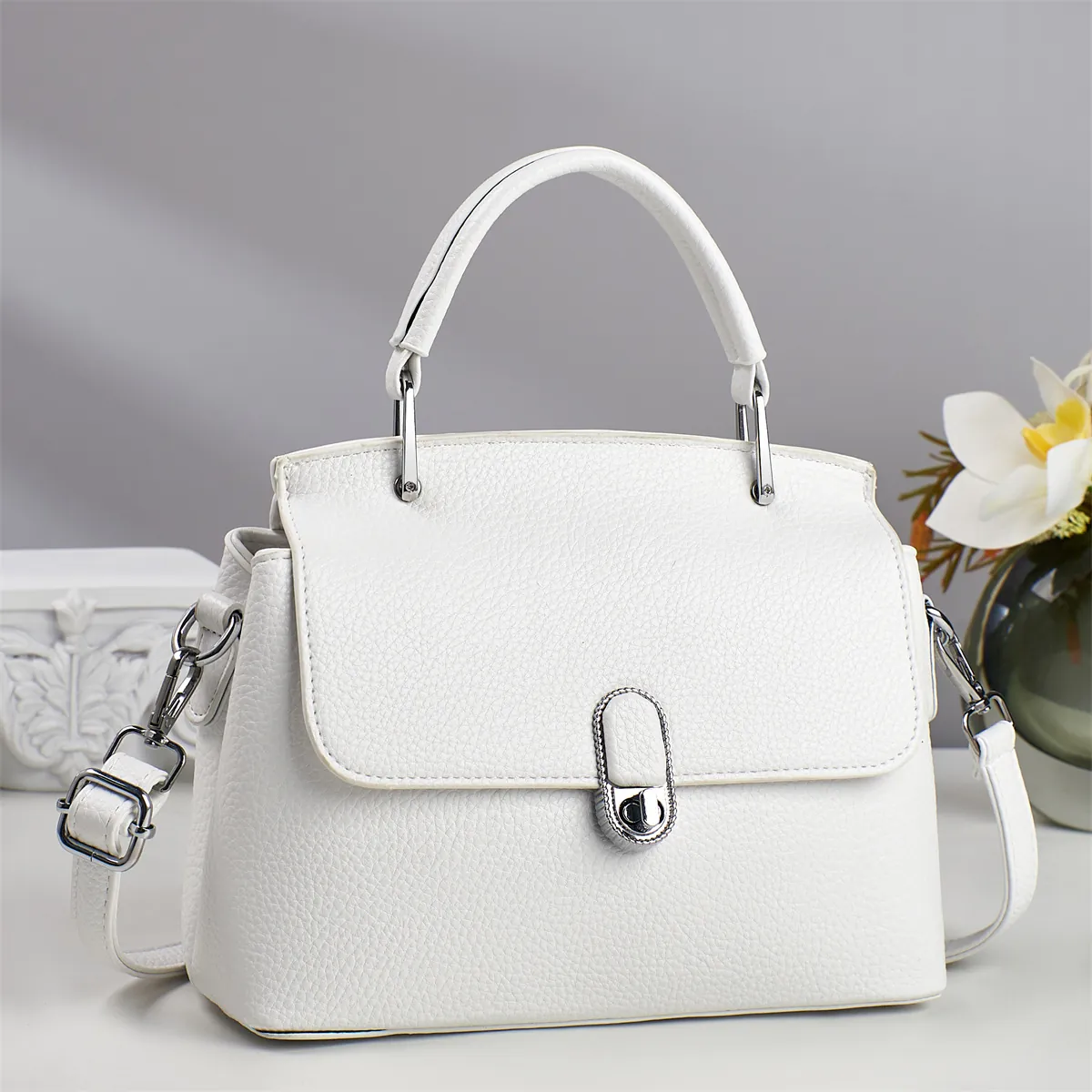 Women Shoulder Bag PU Leather Lychee Pattern Top Handle Crossbody Handbag Versatile Urban Simple Style Flap Twist Lock