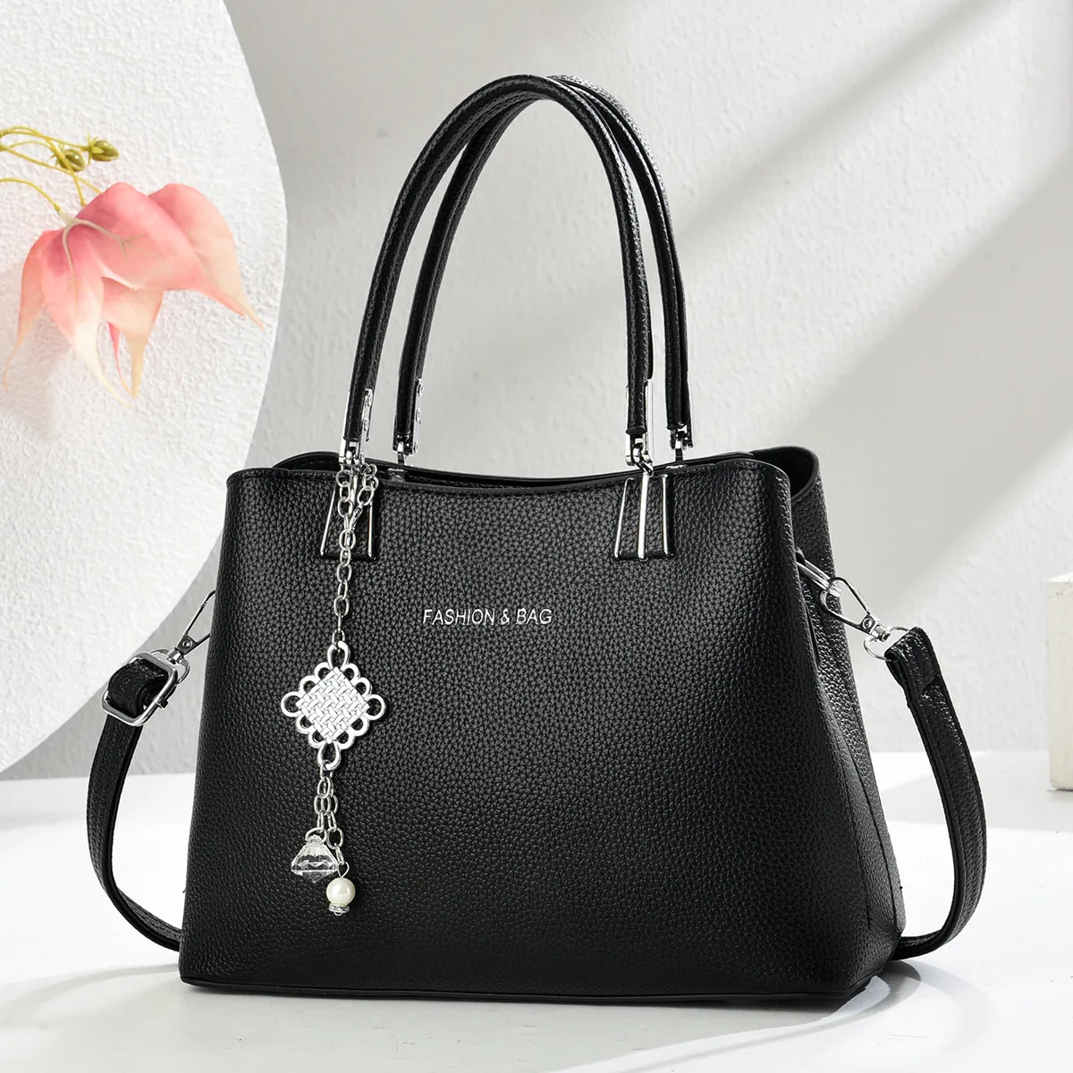Women Fashion Litchi Texture PU Leather Handbag With Chinese Knot Artificial Pearl Pendant Top Handle Shoulder Crossbody Bag For Work Daily