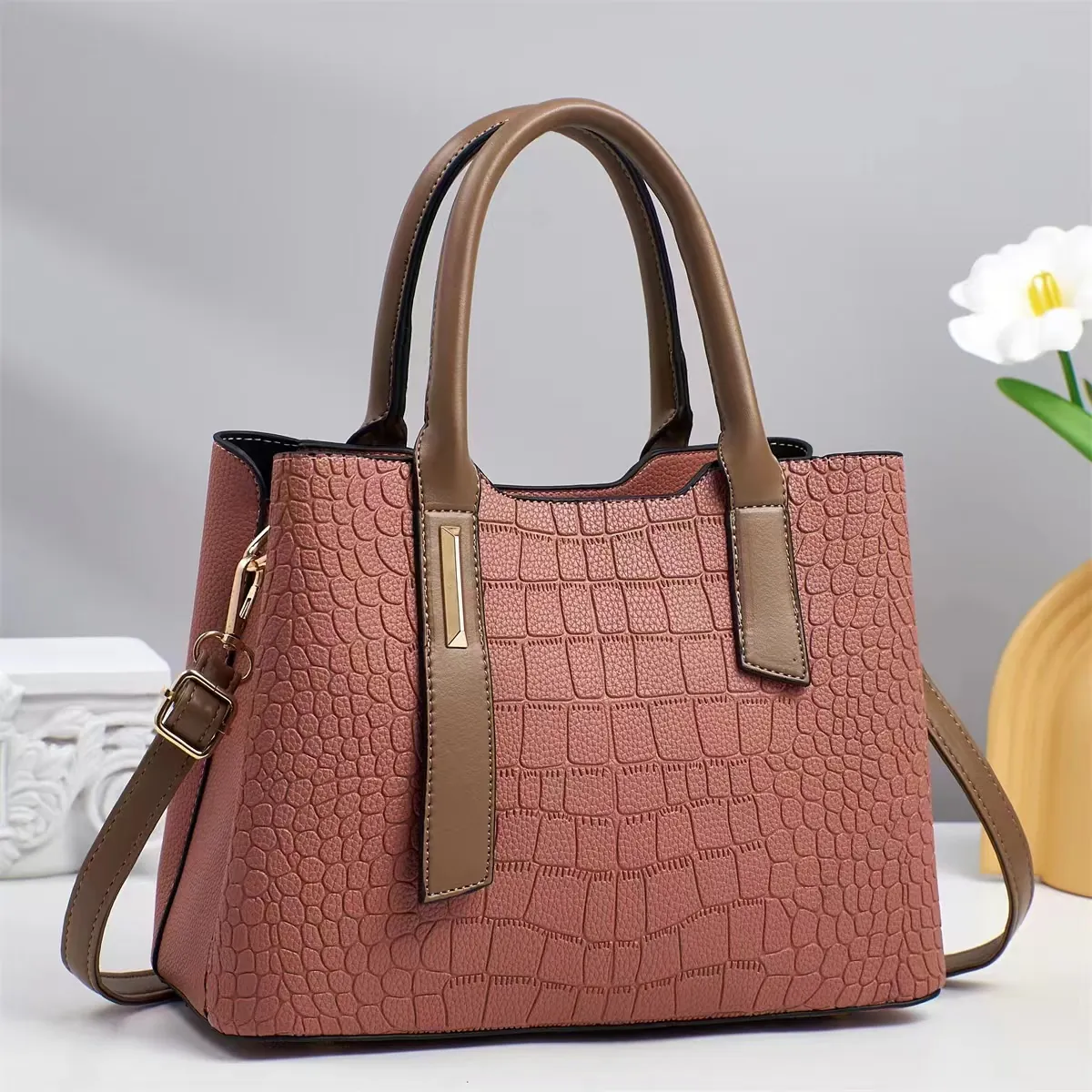 Sac À Main Pour Femme Motif Crocodile Cuir PU Fourre-Tout Rétro Polyvalent Avec Bandoulière Réglable Sac À Bandoulière