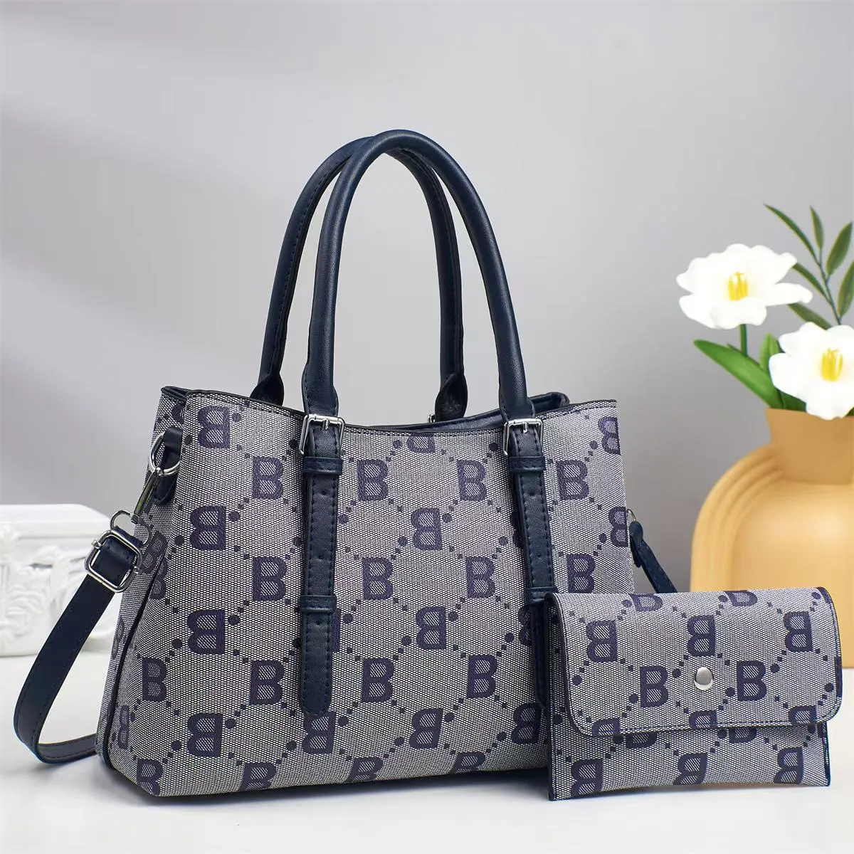 Mode Damen Tote-Bag Geldbörse Set Monogramm Buchstaben Druck PU-Leder Handtasche Große Kapazität Schulter Umhängetasche Für Den Täglichen Büroalltag