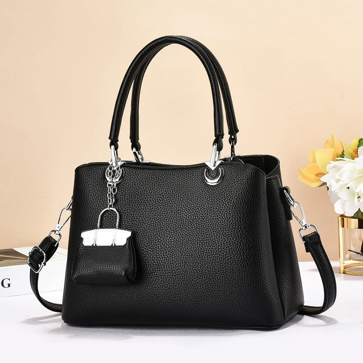 Women Fashion Litchi Grain PU Leather Handbag Large Capacity Shoulder Crossbody Bag With Mini Bag Pendant For Daily Office