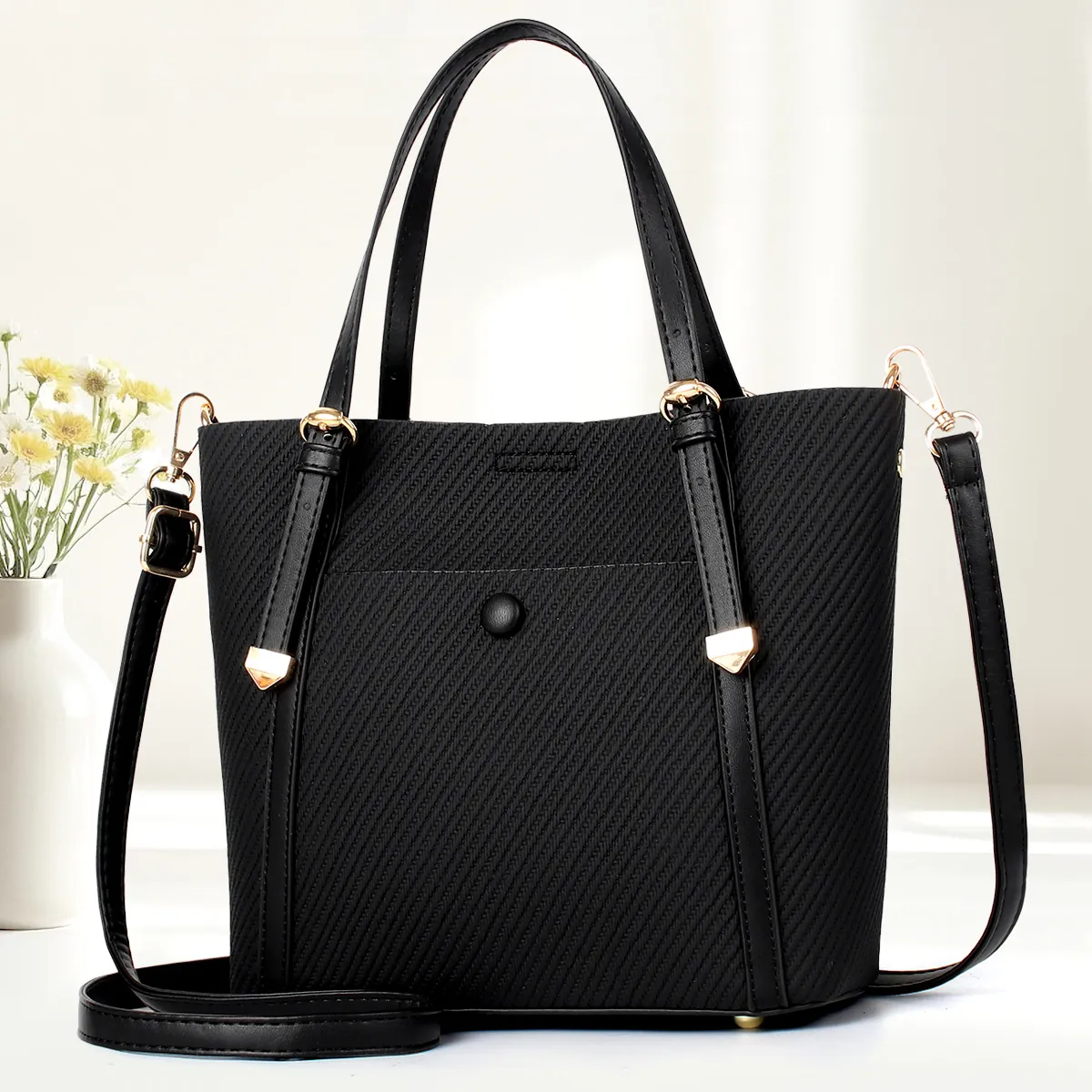 Women Woven Texture Tote Bag PU Leather Handbag Minimalist Shoulder Crossbody Bag With Adjustable Strap Gold Hardware
