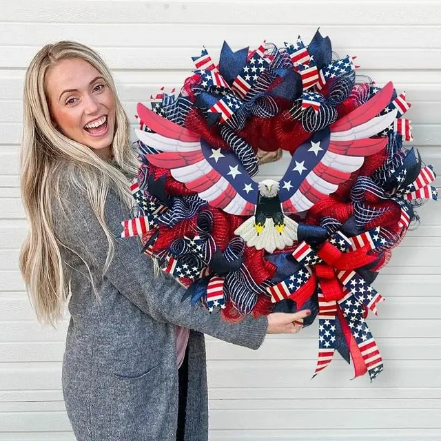 Patriotic Independence Day Eagle Wreath American Flag Red White Blue Mesh Door Hanging Fourth Of July Decoration