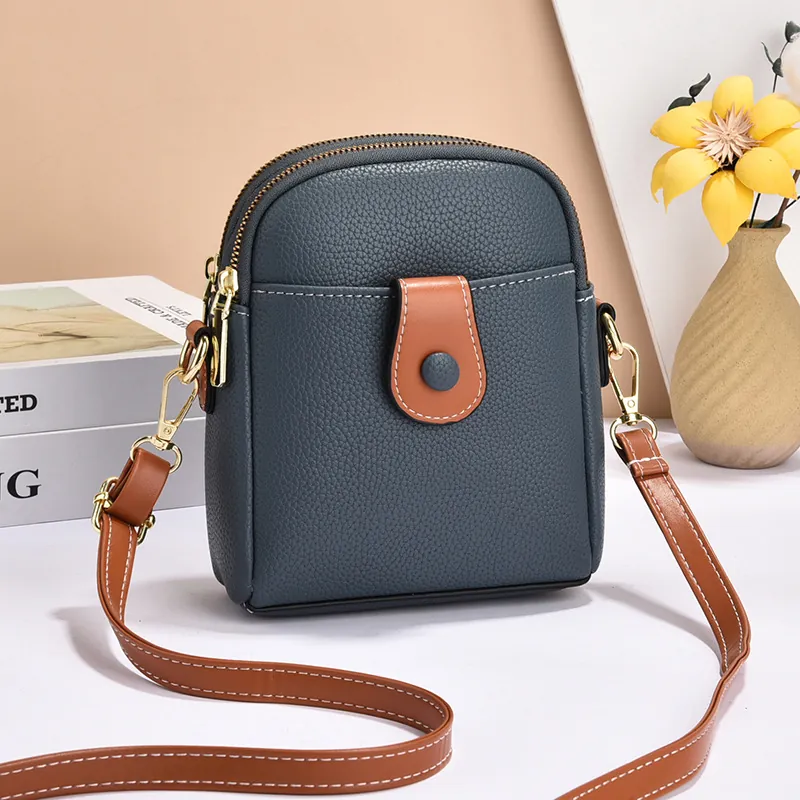 Women Crossbody Cell Phone Bag Litchi Pattern PU Leather Double Zipper Contrast Color Adjustable Strap Small Square