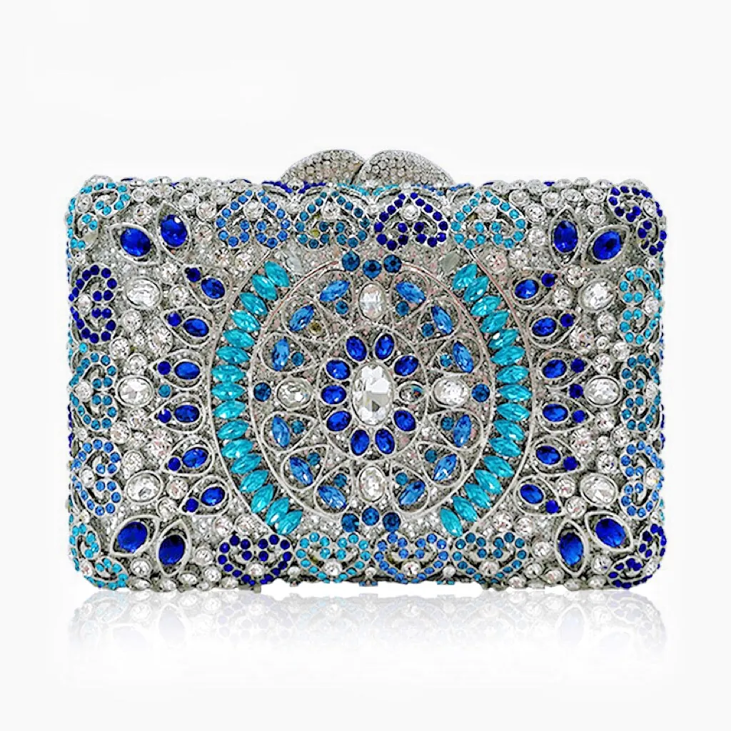 Luxury Rhinestone Evening Clutch Bag Metal Frame Mandala Pattern Crystal Box Handbag For Wedding Party Formal Event