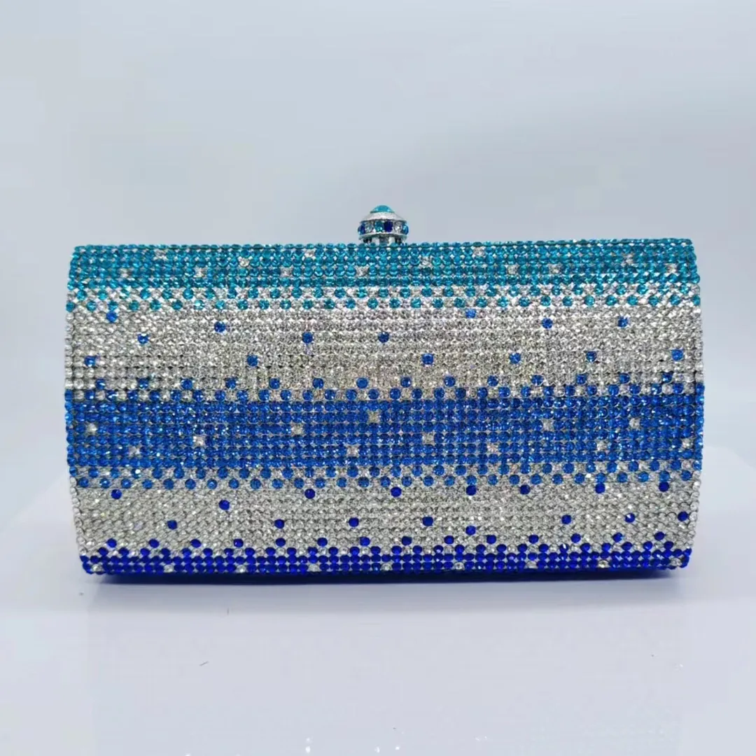 Luxurious Rhinestone Evening Clutch Bag Gradient Blue Sparkling Hard Shell Handbag Metal Frame For Party Wedding