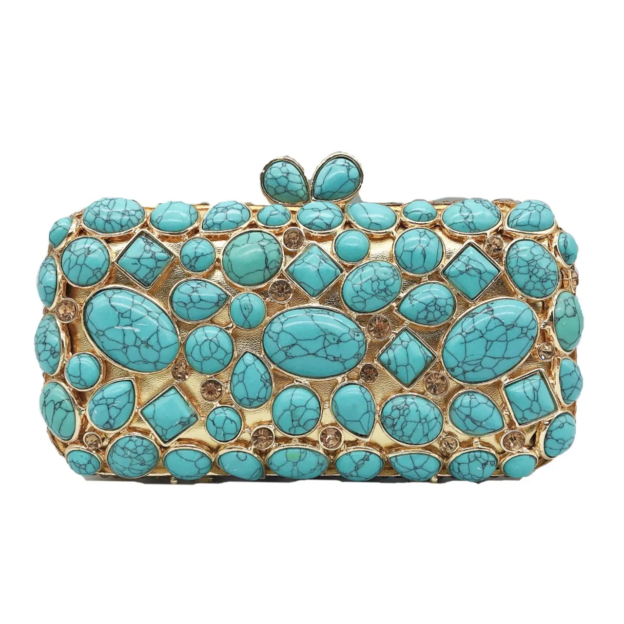 Borsa Da Sera Di Lusso Clutch Metallo Strass Agata Turchese Pietra Preziosa Scatola Rigida Per Matrimonio Festa Banchetto