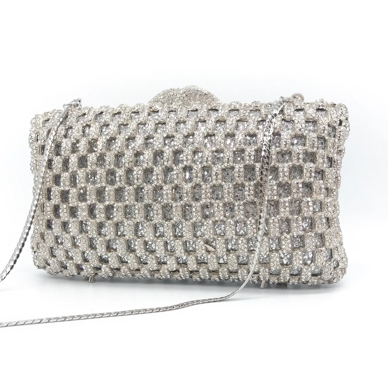 Rhinestone Evening Clutch Bag Silver Metal Hollow Out Handbag With Chain Strap For Wedding Party Formal