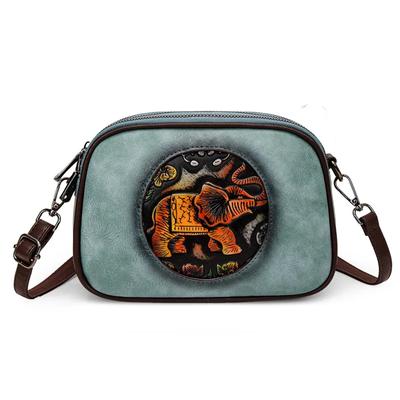 Sac Bandoulière Femme Cuir PU Multicouche Fermeture Éclair Fonctionnelle Ethnique Éléphant Embossé Rétro Petit Sac Carré