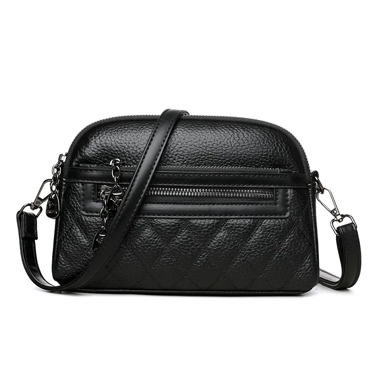 Crossbody Bag Women Lychee Texture PU Leather Multi Zipper Compartments Quilted Vintage Commuting Shoulder Bag