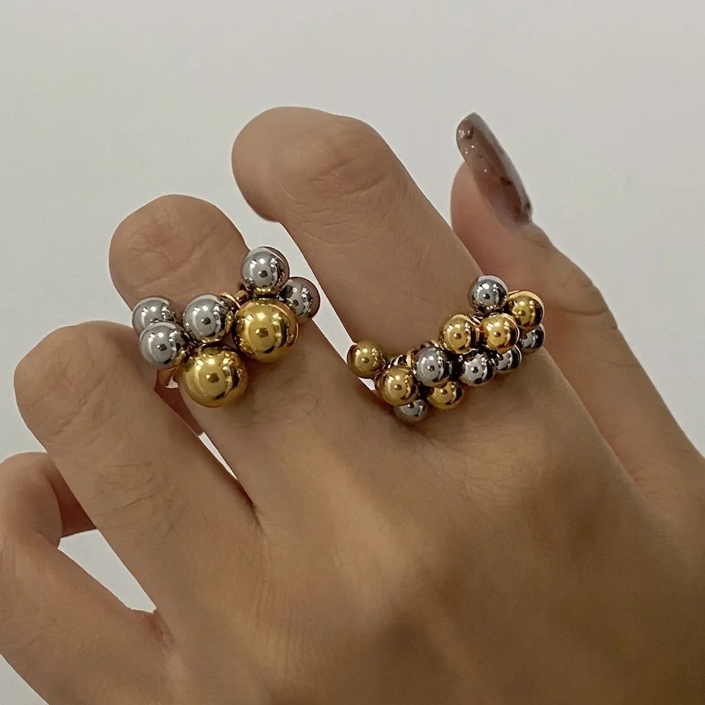 Anello In Acciaio Inossidabile Grappolo Di Perle Metalliche Design Bolle Minimalista Geometrico Bicolore Gioielli Per Donne