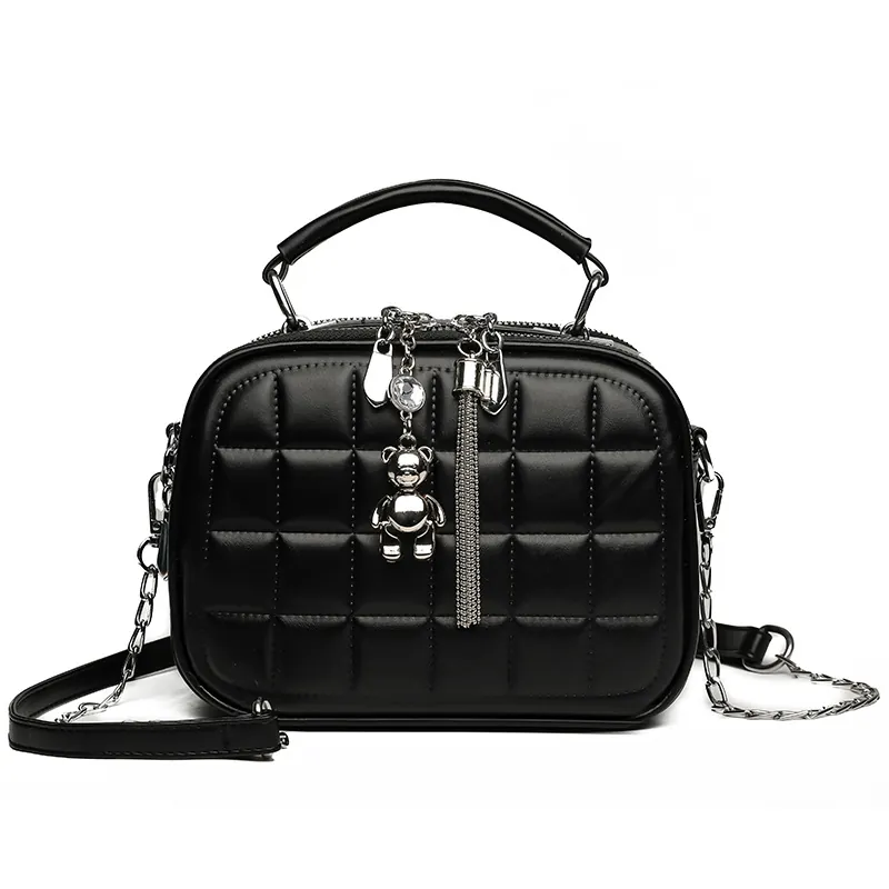 Quilted PU Leather Handbag Women Small Square Crossbody Bag Silver Bear Charm Tassel Multi Layer Zipper Chain Strap