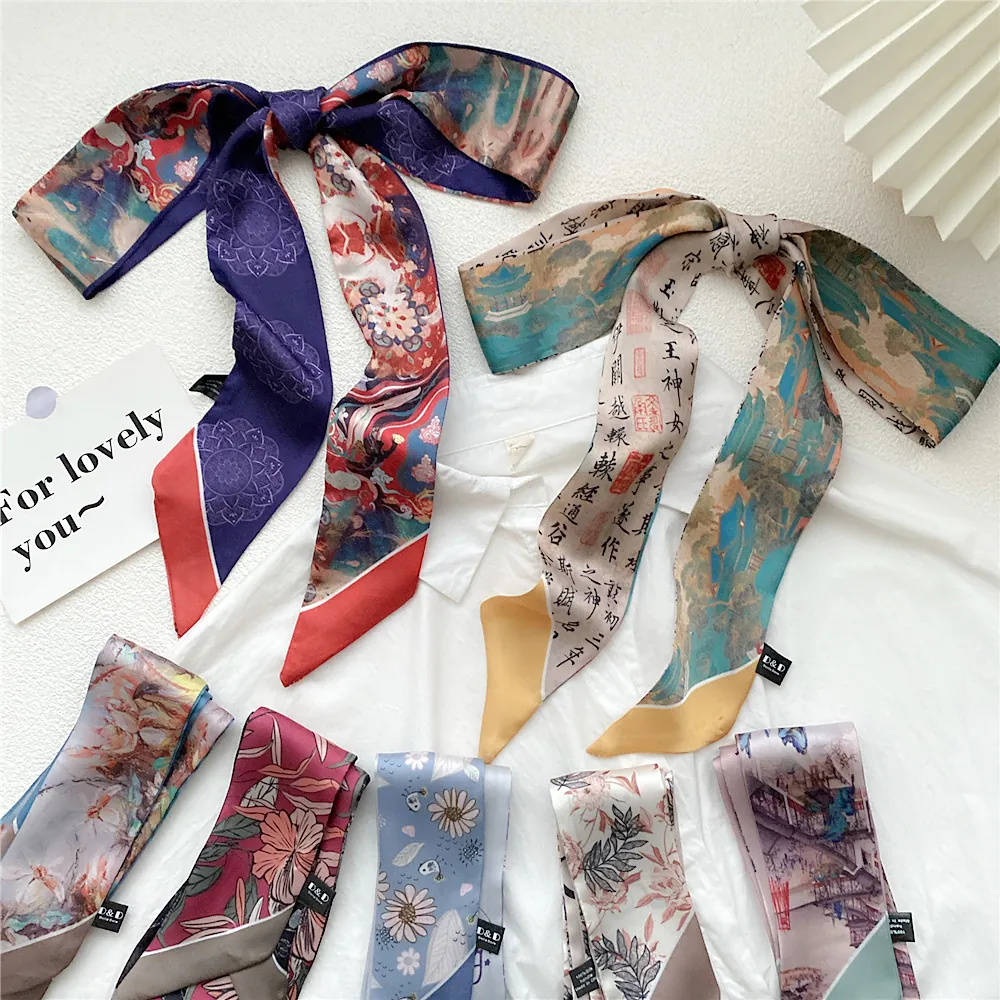 Pure Satin Skinny Scarf Narrow Long Twilly For Neck Hair Bag Ribbon Oil Painting Floral Print Women Summer Accessories